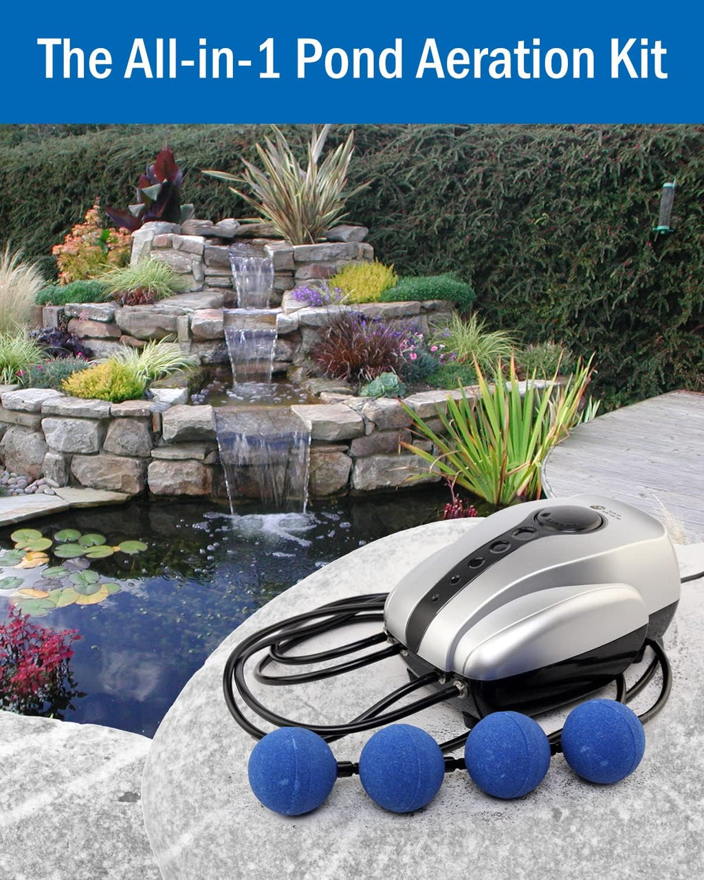 All-in-One Koi Pond Aerator for Outdoor Ponds up to 2000 Gallons, Pond Air Pump Pond Aeration System with 4-Outlet