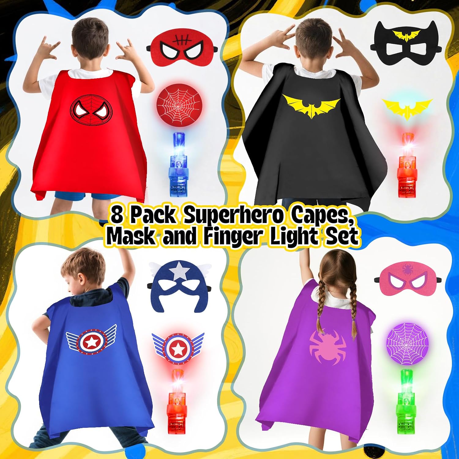 Superhero Capes with Finger Lights, Masks Dress Up for Kids 3-12 | 8 Capes, 8 Masks, 8 Lights for Boys Girls