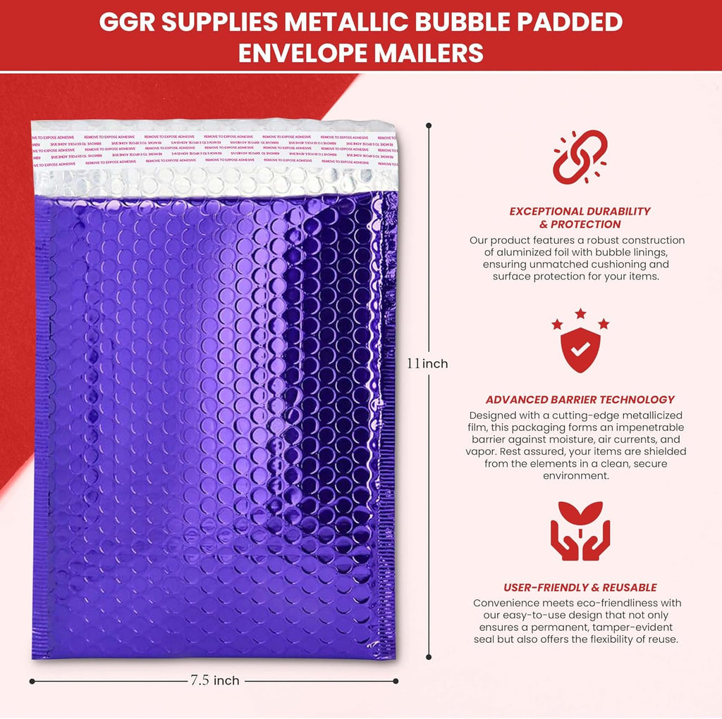 Metallic Bubble Padded Envelope Mailers, 7.5 X 11 Inches, Waterproof Ultra Resistant Ideal For Packing, Shipping, and