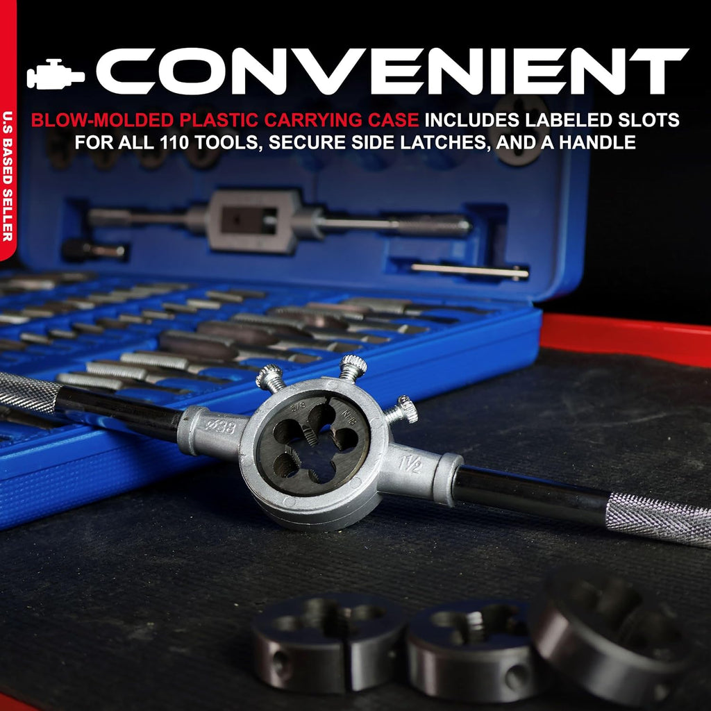 ABN Large Tap and Die Set Standard - 110 Piece Bolt and Pipe SAE Tap Sets for Threading