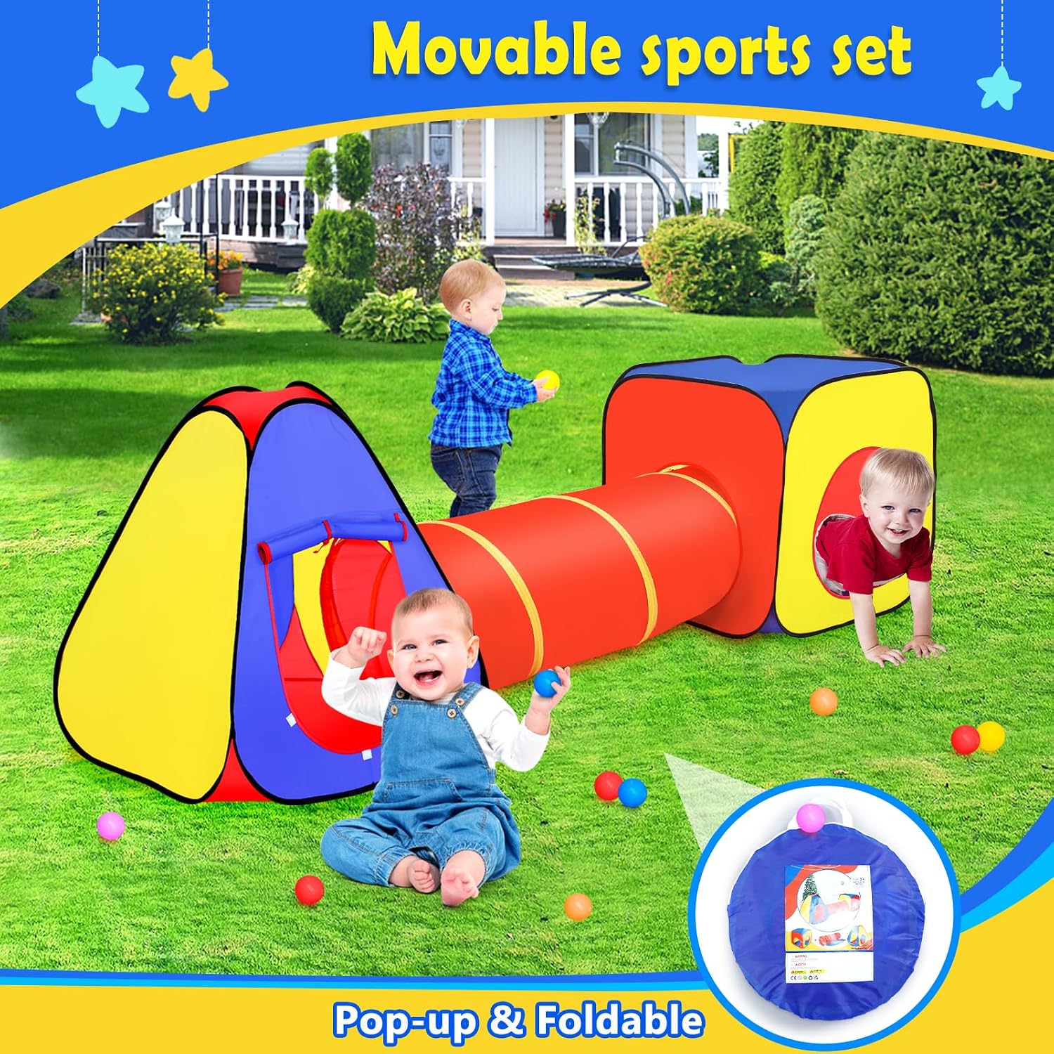 Kids Play Tent with Ball Pit and Crawl Tunnel Toddlers Playhouse Gift Toy | 3 in 1 Colorful Pop Up Play Fort