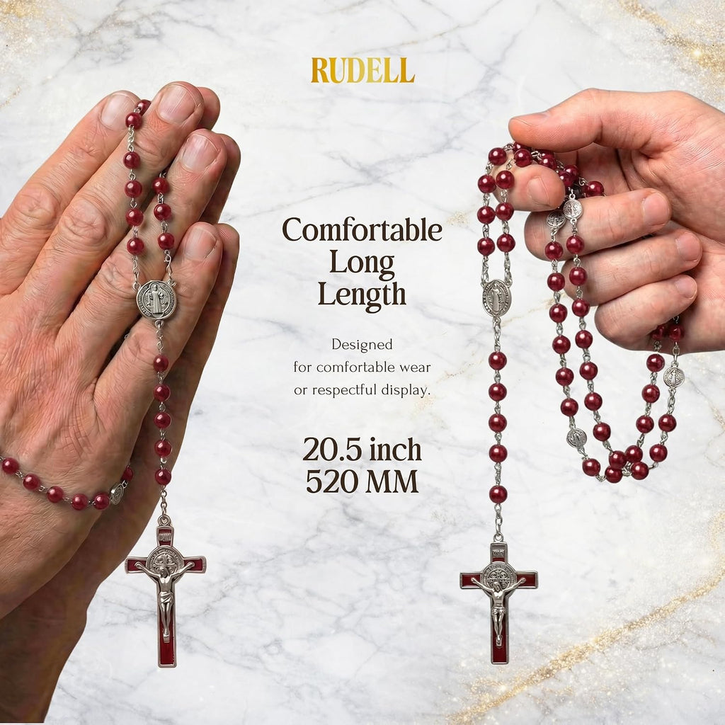 Rosary Beads Catholic for Women - Rosary Necklace for Women with Pearl Beads - Medal Cross Saint Benedict Rosary for