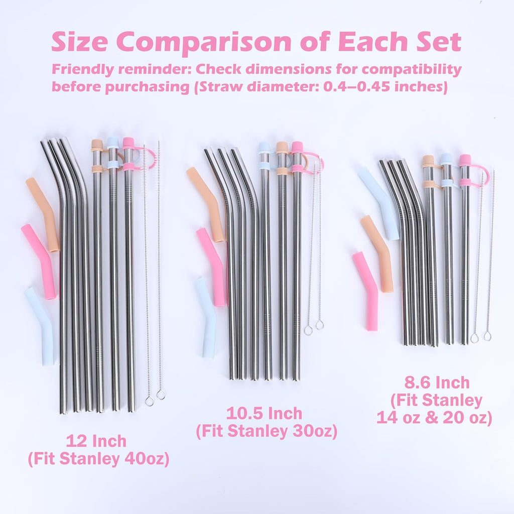 12" Stainless Steel Straws with Covers fit Stanl-ey 40 oz tumbler | Wide Straw Replacement with Silicone Tips & Cover
