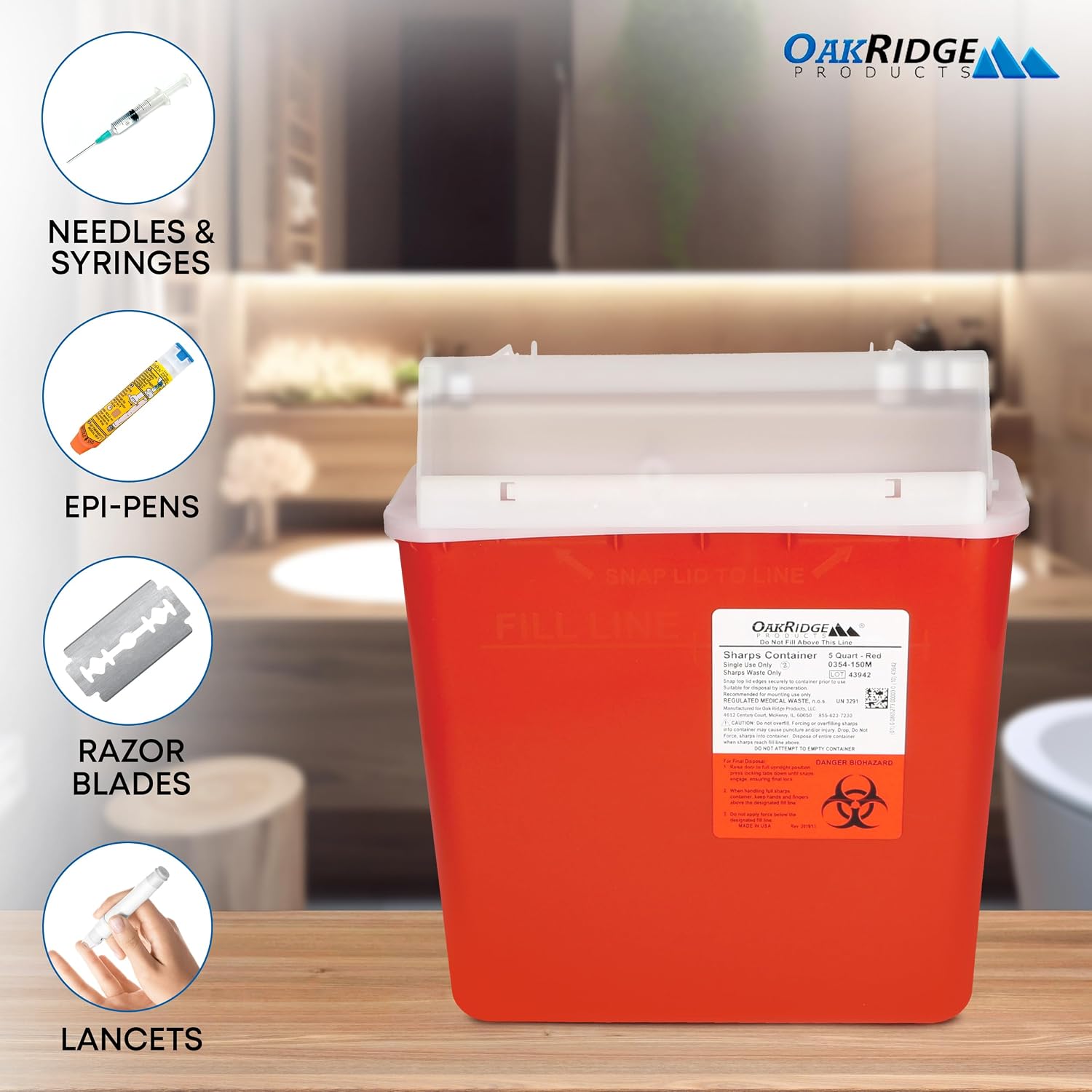 Sharps Container for Home Use and Professional 5 Quart (2-Pack), Biohazard Needle and Syringe Disposal, Mailbox Style