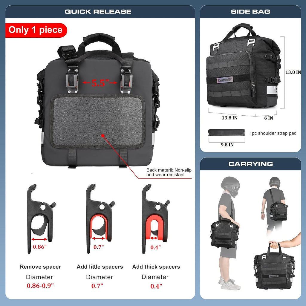 Motorcycle Saddlebag Waterproof Motor Luggage Pack Quick Release Motorbike Side Bag 20L Fits Most Adventure and
