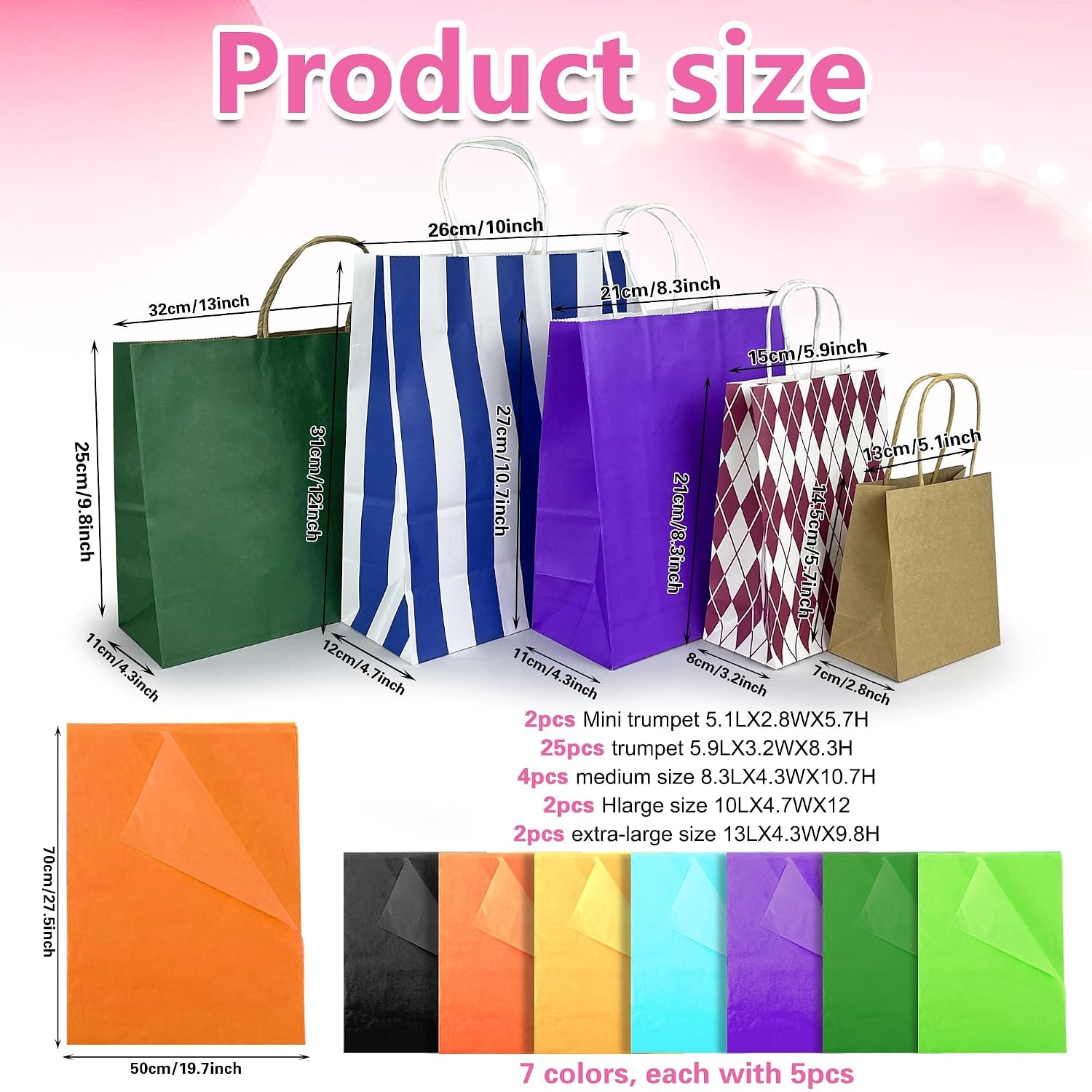 70 PCS Assorted Sizes Gift Bags with Handles Includes 35 Gift Bags 5 Sizes Multiple Colors 35 Tissue Papers 7 Color