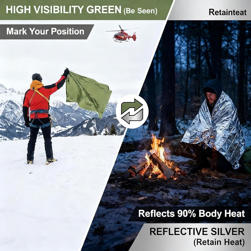 Double-Sided Green/Silver Thermal Emergency Blanket (4-Pack) - Extra Large 63x82.7 Heavy Duty Mylar Foil Space