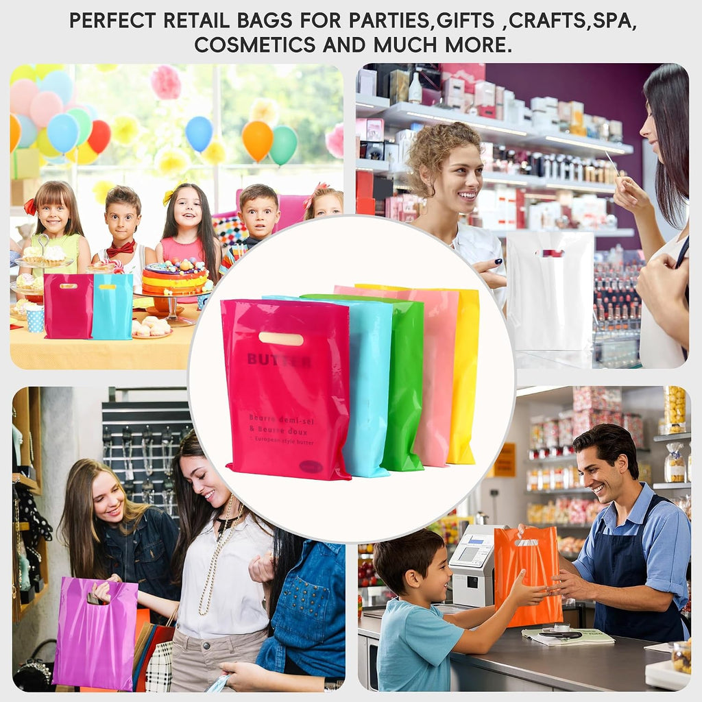 9x12 Assorted Colors Plastic Gift Bags with Handles 100 Pack