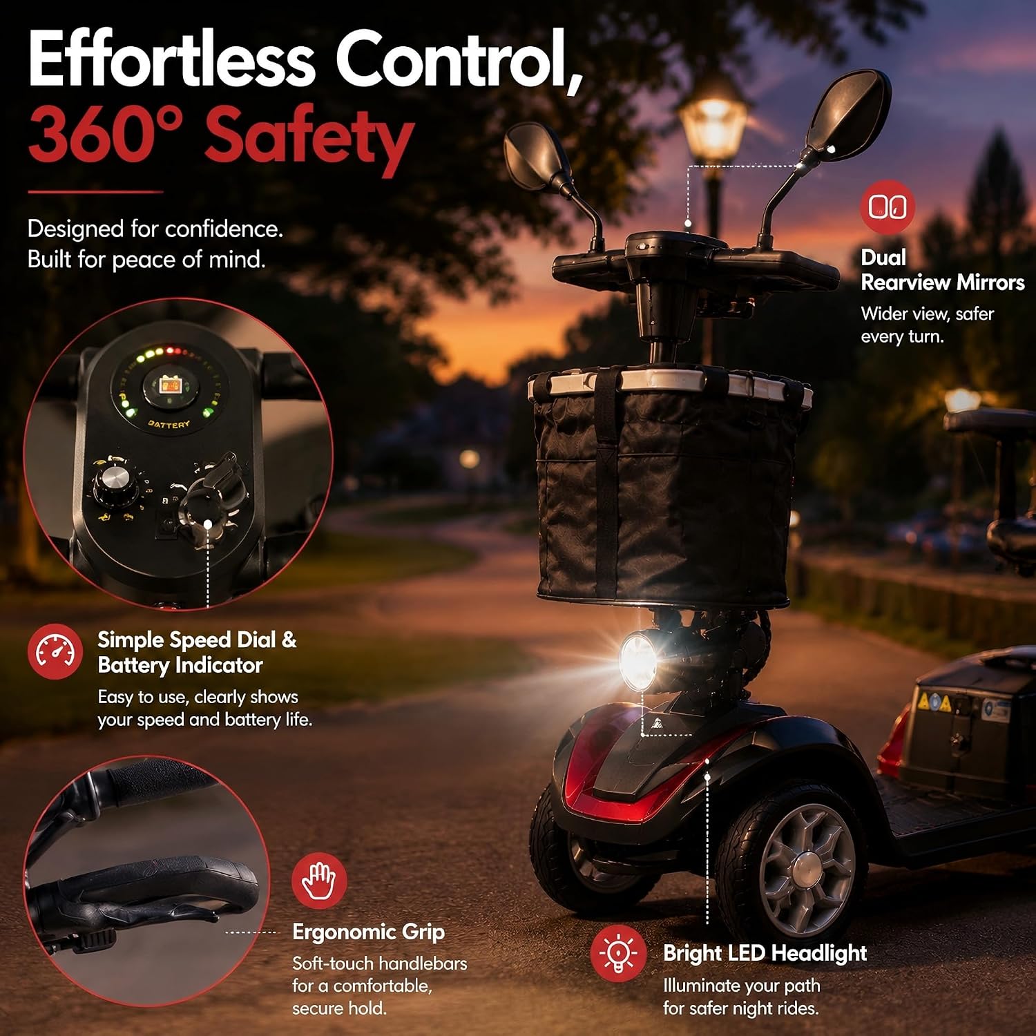 4 Wheel Mobility Scooter for Seniors & Adults with Removable Battery