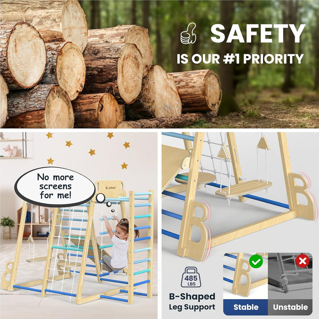 Upgraded Indoor Jungle Gym 9-in-1 Playground Kids Climbing Toys, Waldorf Style Wooden Climber Playset with Slide