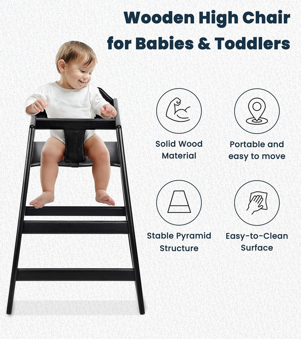 Wooden High Chairs for Babies and Toddlers with Safety Strap, Commercial Grade Restaurant High Chair, Durable Wood