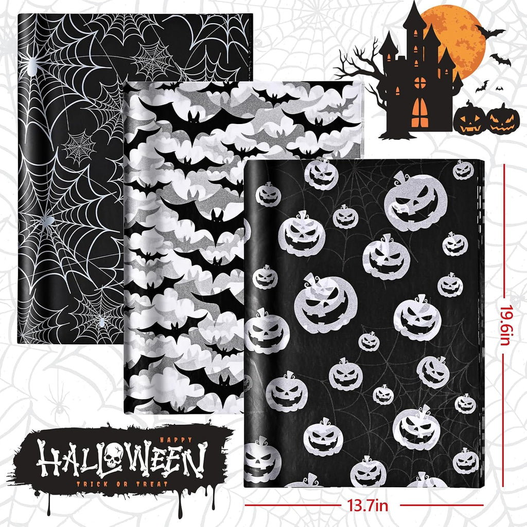 90 Sheets Halloween Tissue Paper Bulks 14 x 20inch Black White Pumpkin Cobweb Bat Gift Wrapping Paper Scary Horror