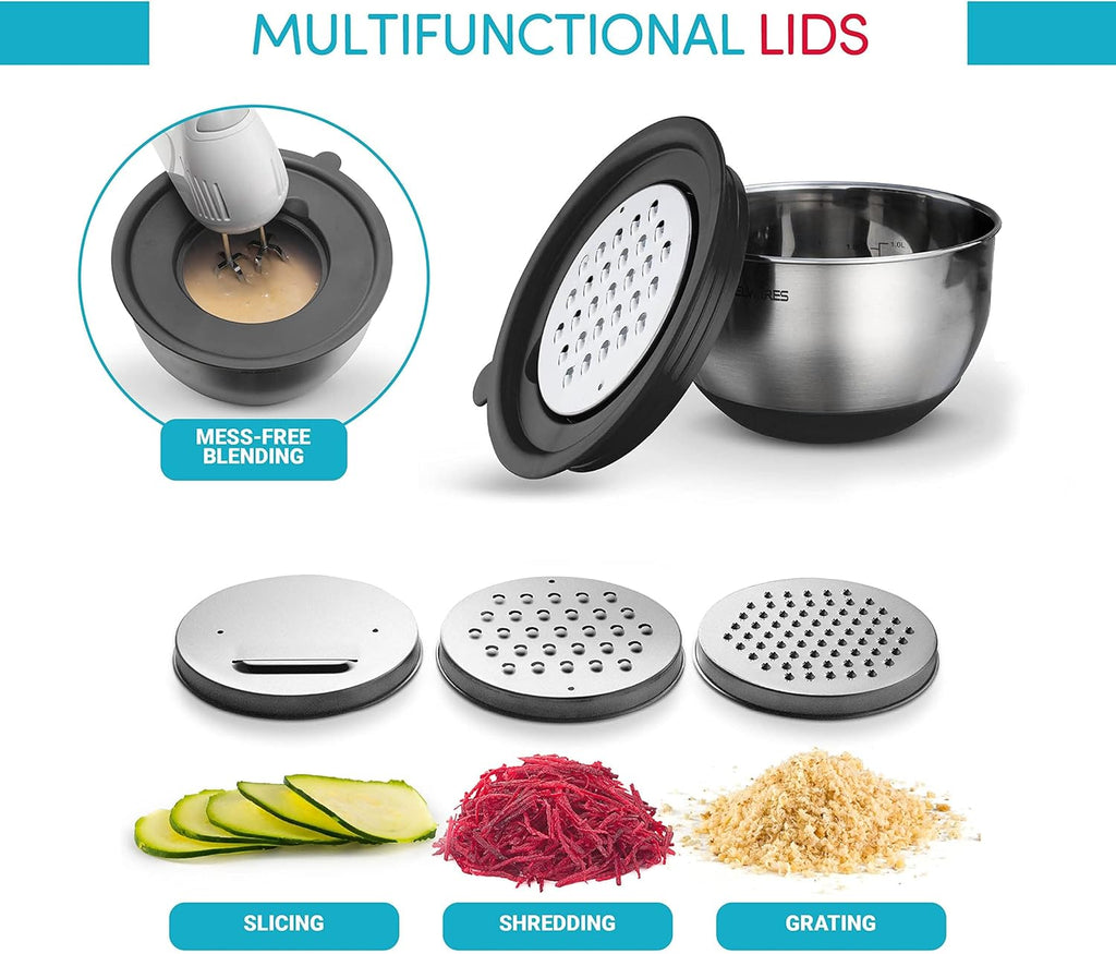 Mixing Bowls with Lids Set of 5 - Stainless Steel Mixing Bowl Set, Kitchen Nesting Metal Bowls with Non Slip Bottoms