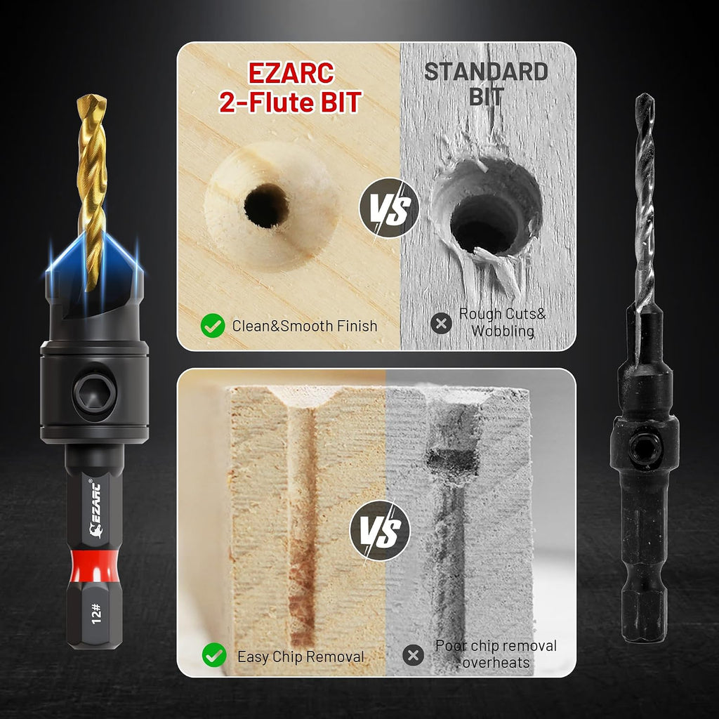 EZARC Countersink Drill Bit Set, 12PCS 2-Flute Adjustable Bits for Wood