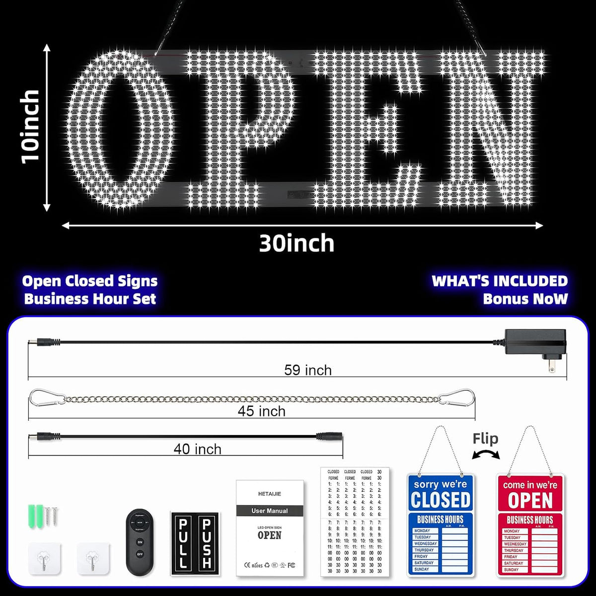30"x10" Large LED Open Sign for Business - Unique Design super Bright Open Signs With chain - High Visibility for