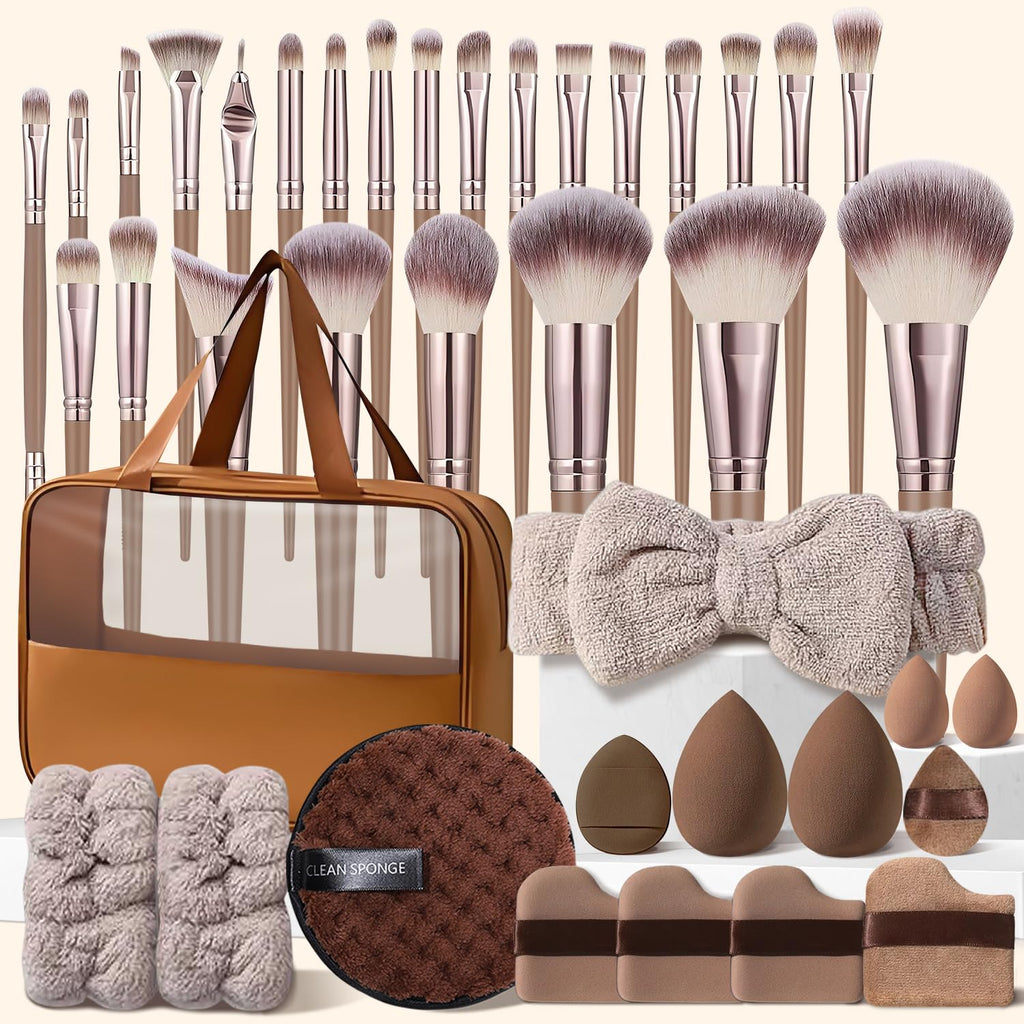 40Pcs Brown Makeup Brushes Set Professional with Case Premium Synthetic for Blush Foundation Eye Shadow Concealer