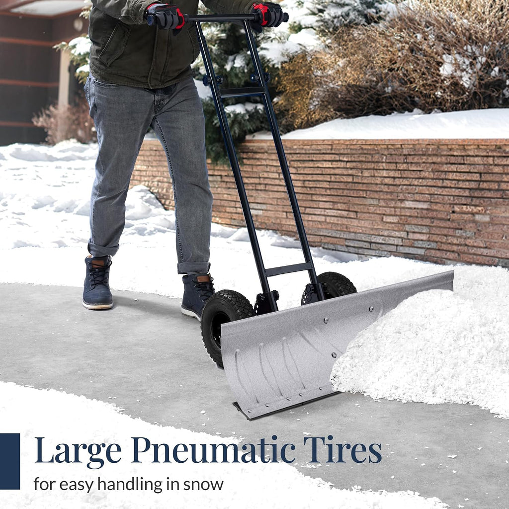 36in Galvanized Blade Heavy-Duty 2-Wheel Snow Pusher Hand Plow for Snow Removal w/Wheels, Adjustable Handle, Blade