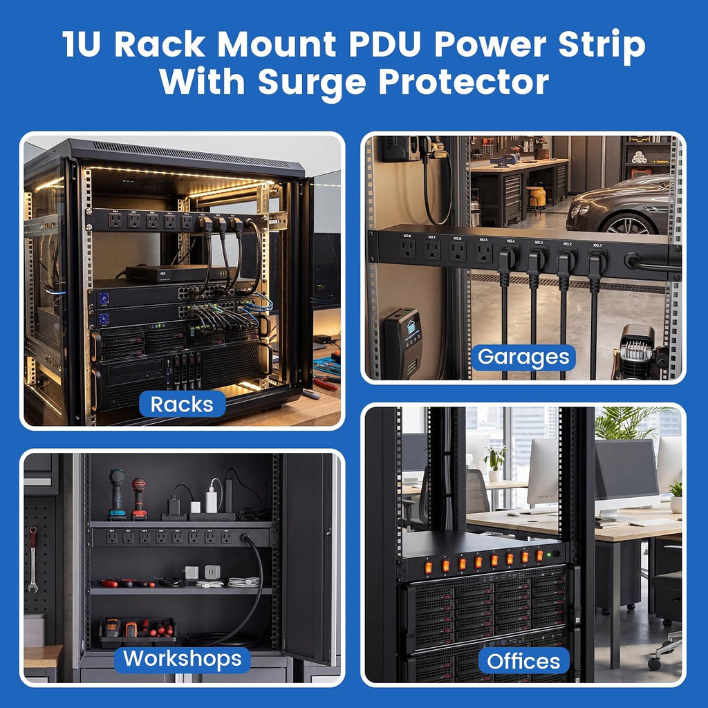 PDU Rack Mount Power Strip, Heavy Duty 12 Gauge Cord, 6FT, 1 | 8 Outlets Individual Switches, Metal, Server Mountable