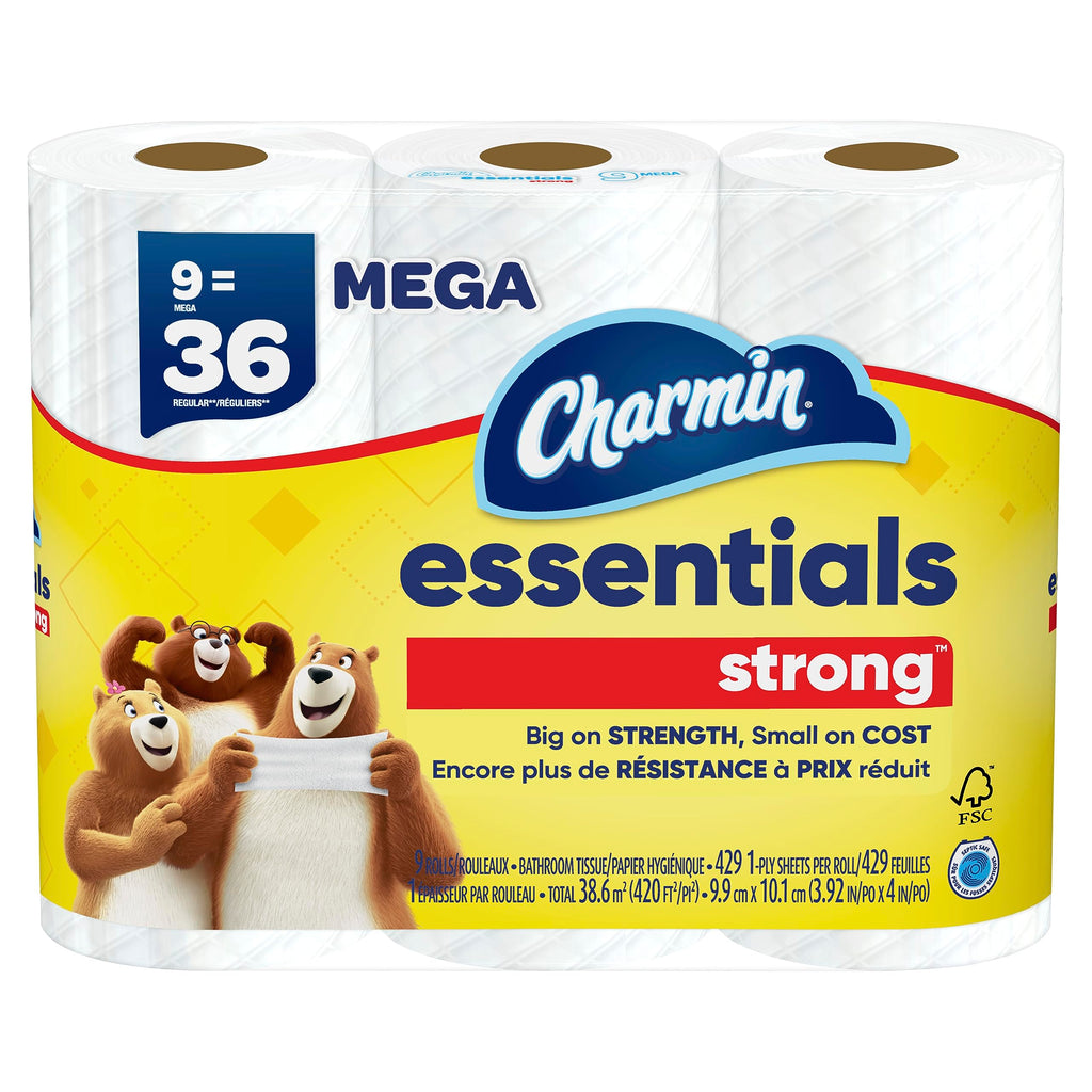 Essentials Strong Toilet Paper, 9 Mega Rolls = 36 Regular Rolls