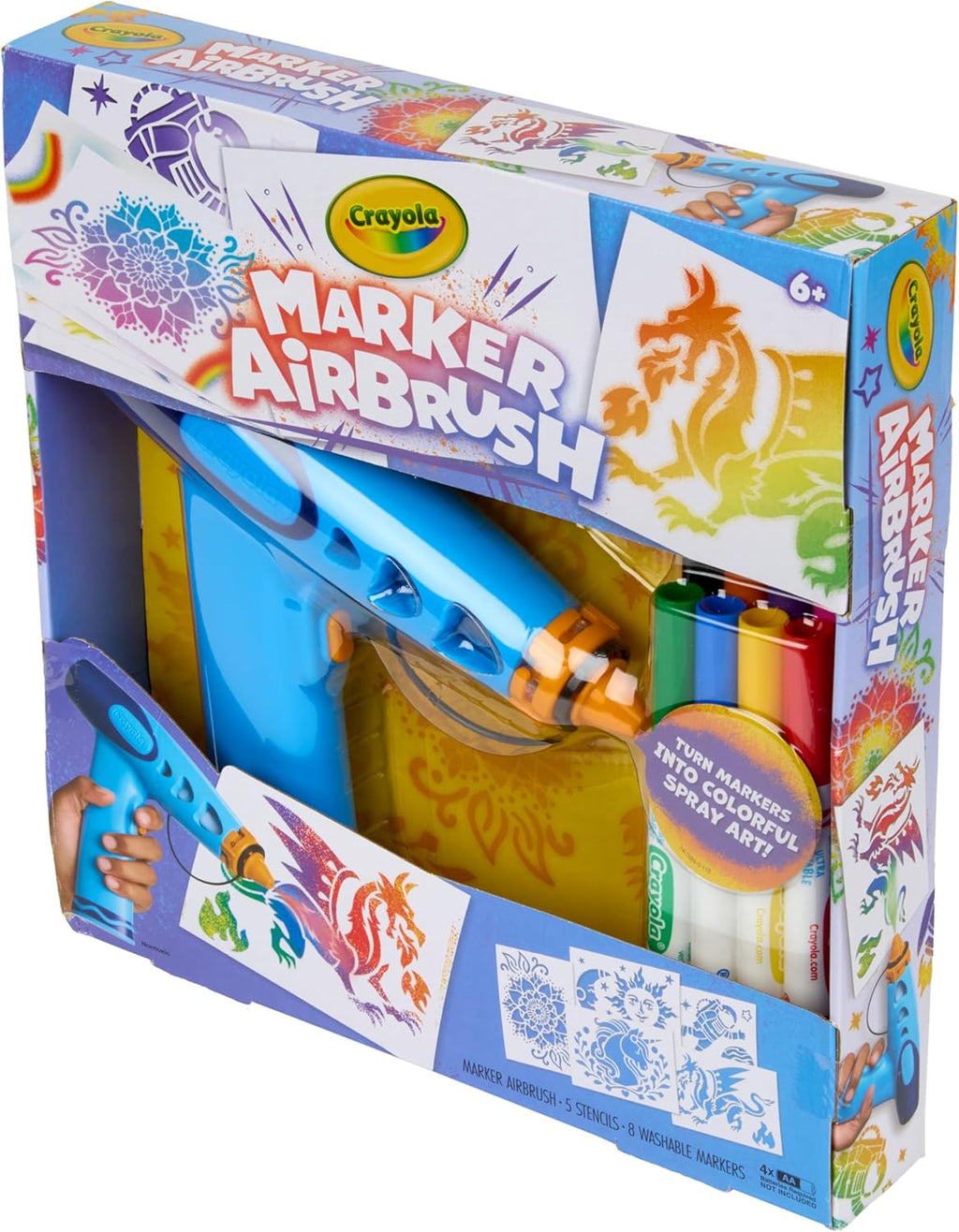 Marker Airbrush Spray Art Kit, 8 Washable Markers, 5 Stencils | Arts & Crafts Toys for Kids, Birthday, Holiday Gifts