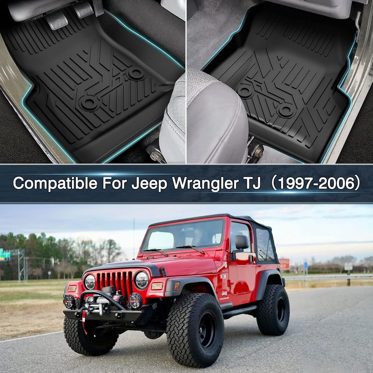 Floor Mats for Jeep Wrangler TJ 1997-2006, TPE All Weather Floor Liners Front Row 2PCS, Waterproof Rubber Car Mats for Wrangler TJ Accessories, Black