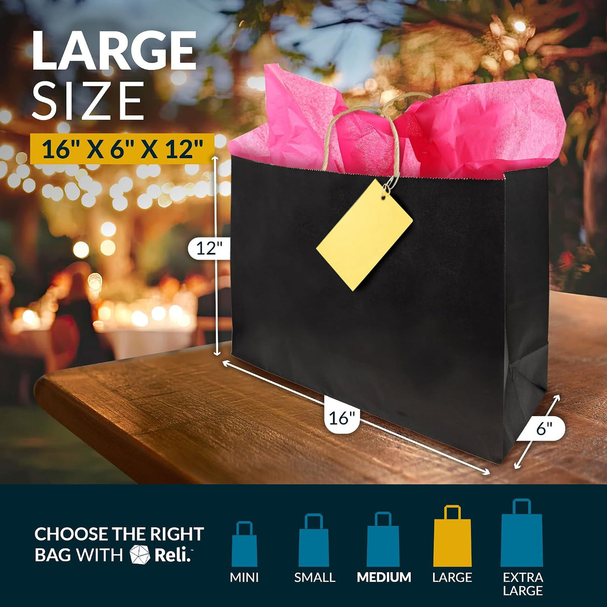 Large Paper Bags w/Twist Handles | 60-Pack | Black 16x6x12
