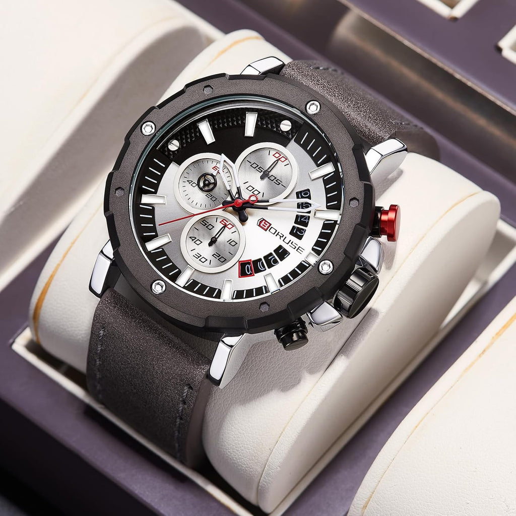 Mens Watches Luxury Chronograph Classic Waterproof Watch Large Face Analog Luminous Fashion Leather Analog Quartz