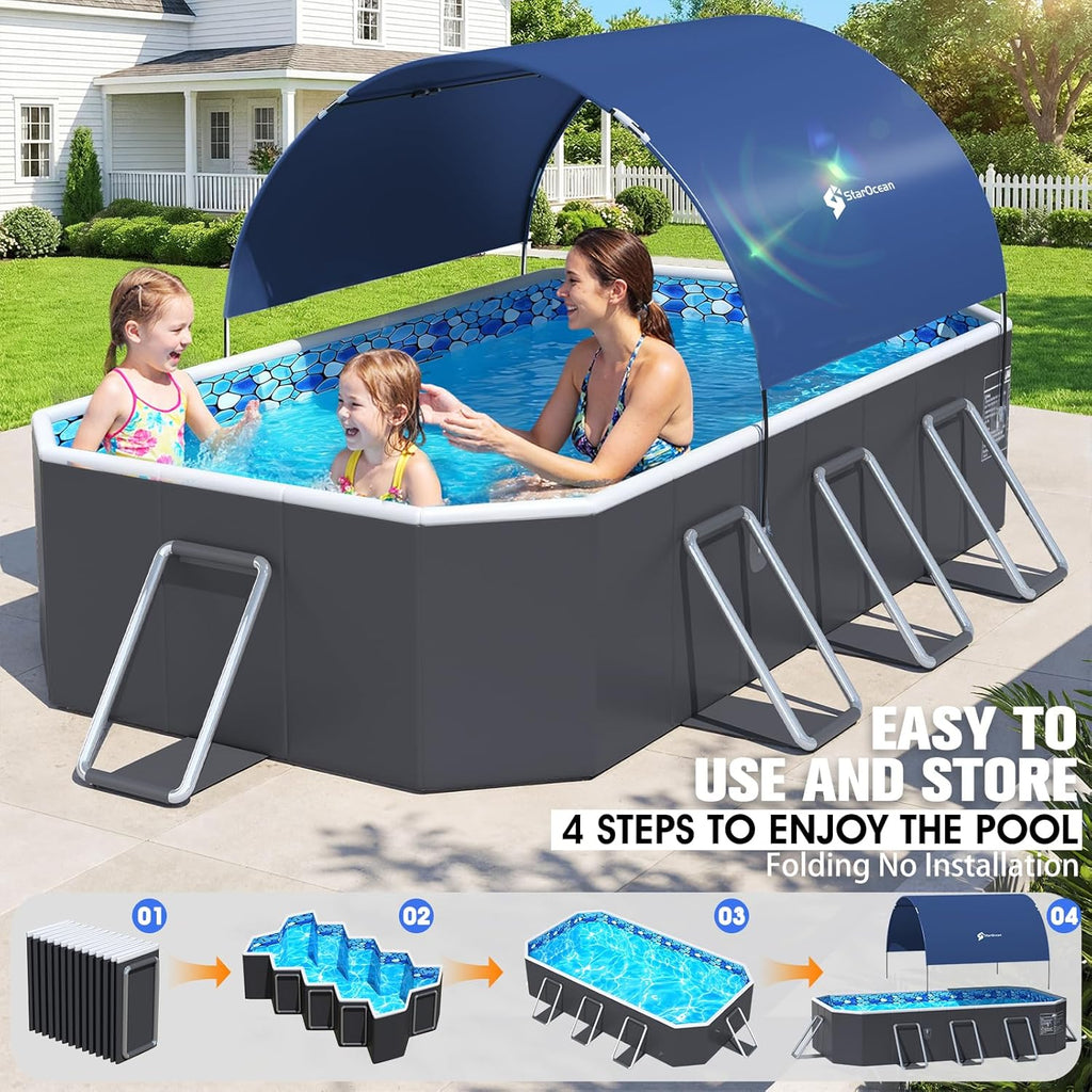 Foldable Pool with Canopy,Non Inflatable Pool,Large Foldable Swimming Pool for Adult Portable Pool,Large Collapsible
