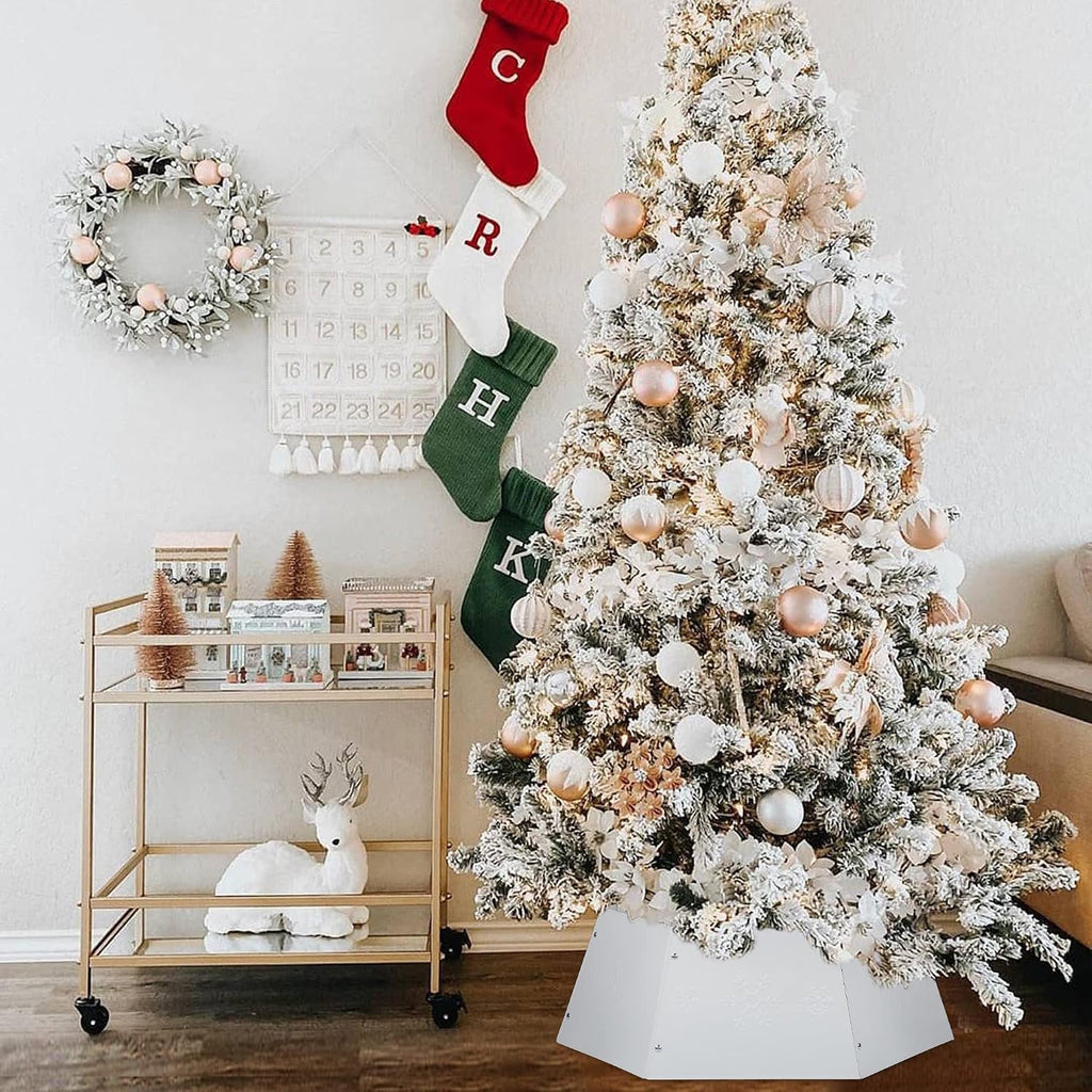 Metal Christmas Tree Ring, Christmas Tree Collar with Printed Snowflake, Christmas Tree Skirt Base Stand for