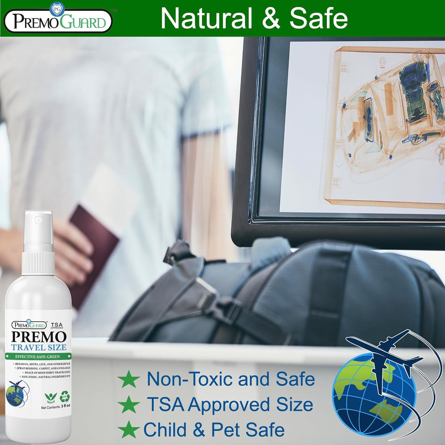 Travel Bed Bug & Mite Killer Spray by Premo Guard 3 oz – Child & Pet Safe – Fast Acting – Stain & Odor Free – Best