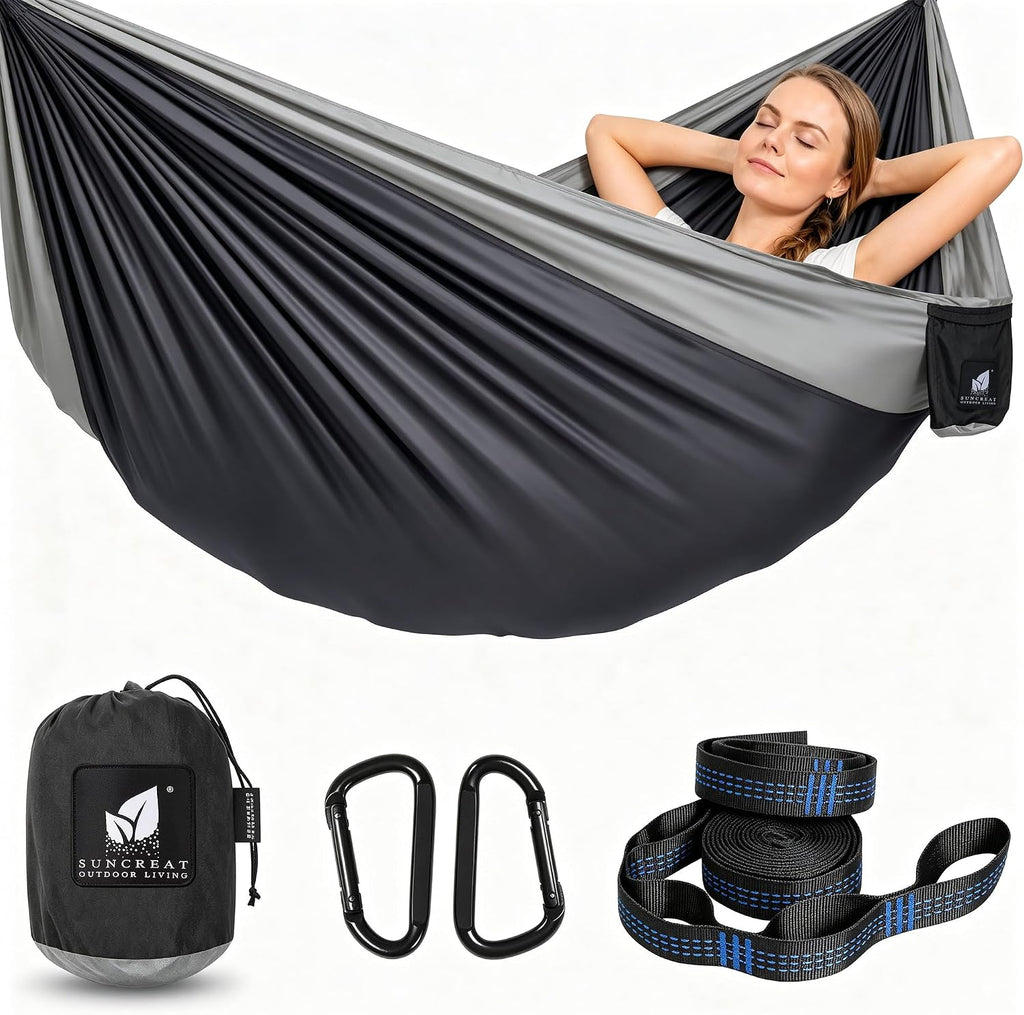 Camping Hammock – up to 450lbs Portable Hammock with Tree Straps - Travel, Backpacking, Hiking, Black