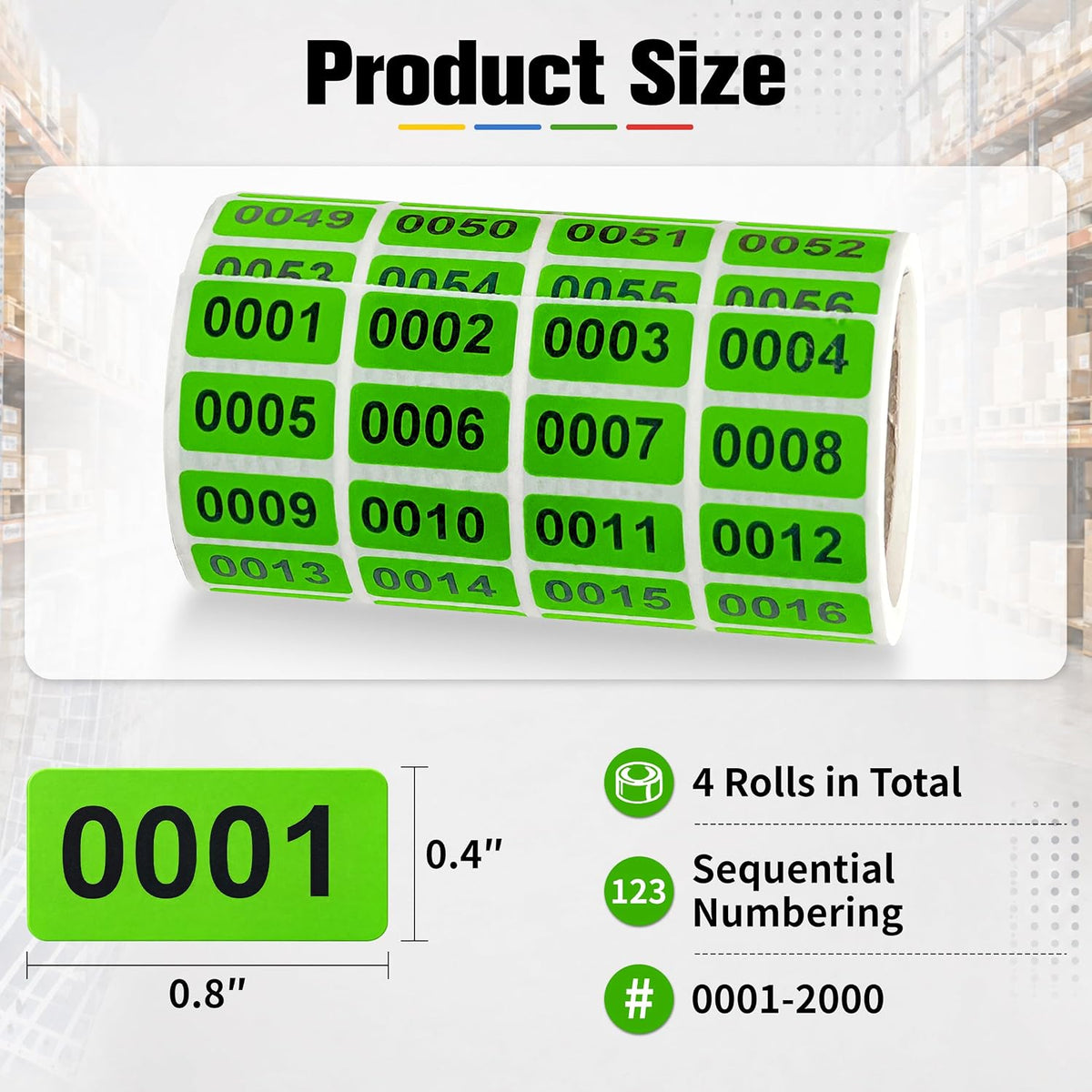 0001-2000 Inventory Number Stickers Labels, 4 Rolls Color-Coded Labels