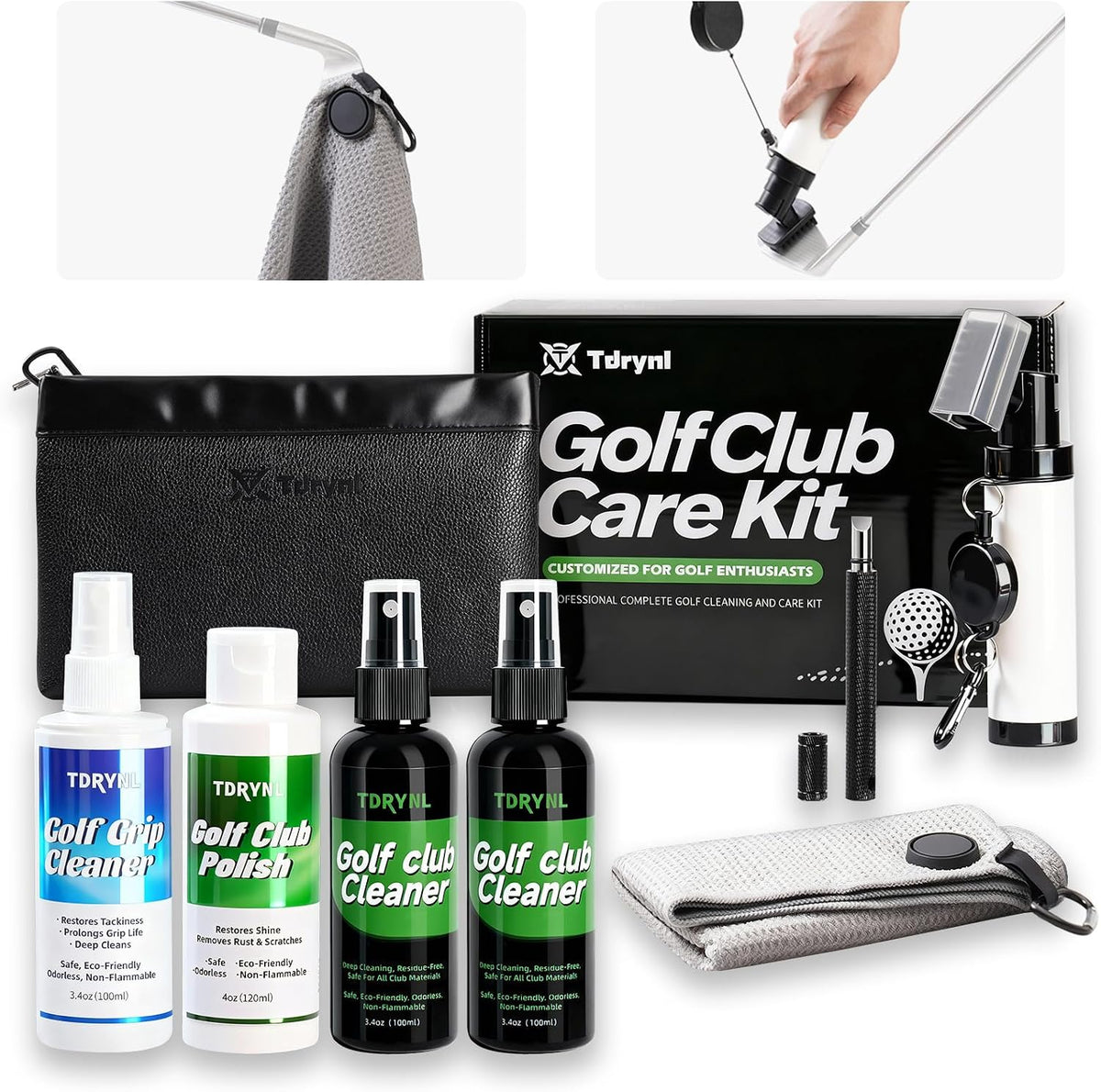 Pro Golf Club Care Kit – Cleaner, Polish, Brush, Groove Sharpener, Grip Cleaner, Magnetic Towel & Leather Bag –