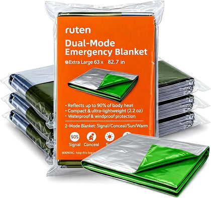 Double-Sided Green/Silver Thermal Emergency Blanket (4-Pack) - Extra Large 63x82.7 Heavy Duty Mylar Foil Space