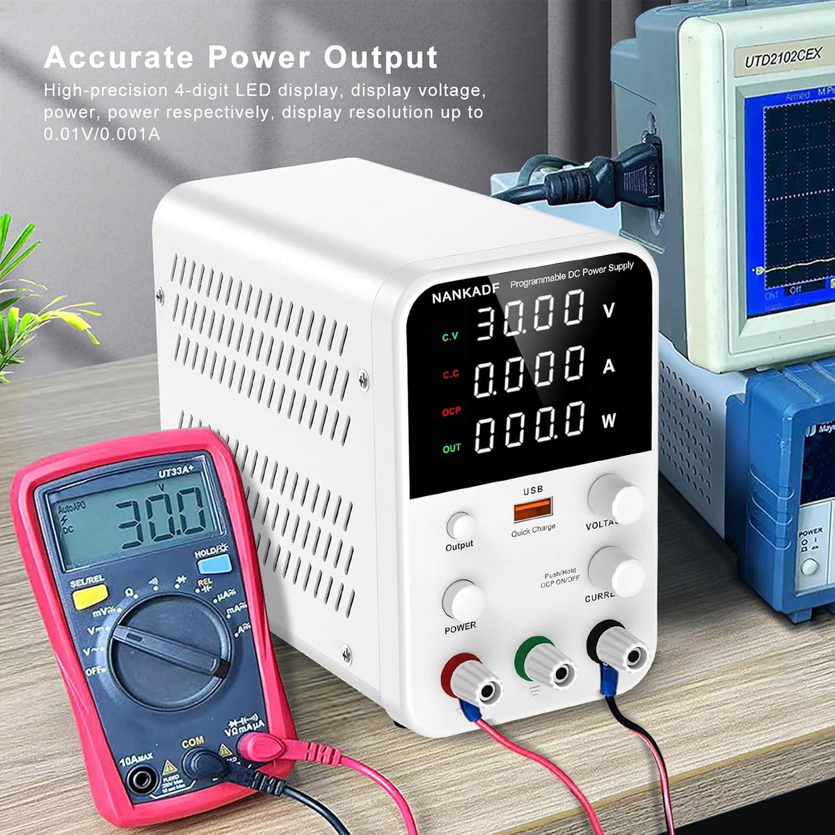 DC Power Supply Variable, Bench Power Supply with Encoder Adjustment Knob, Output Enable/Disable Button, Adjustable Power Supply with USB Quick-Charge, Short Circuit Alam (30V 10A White)