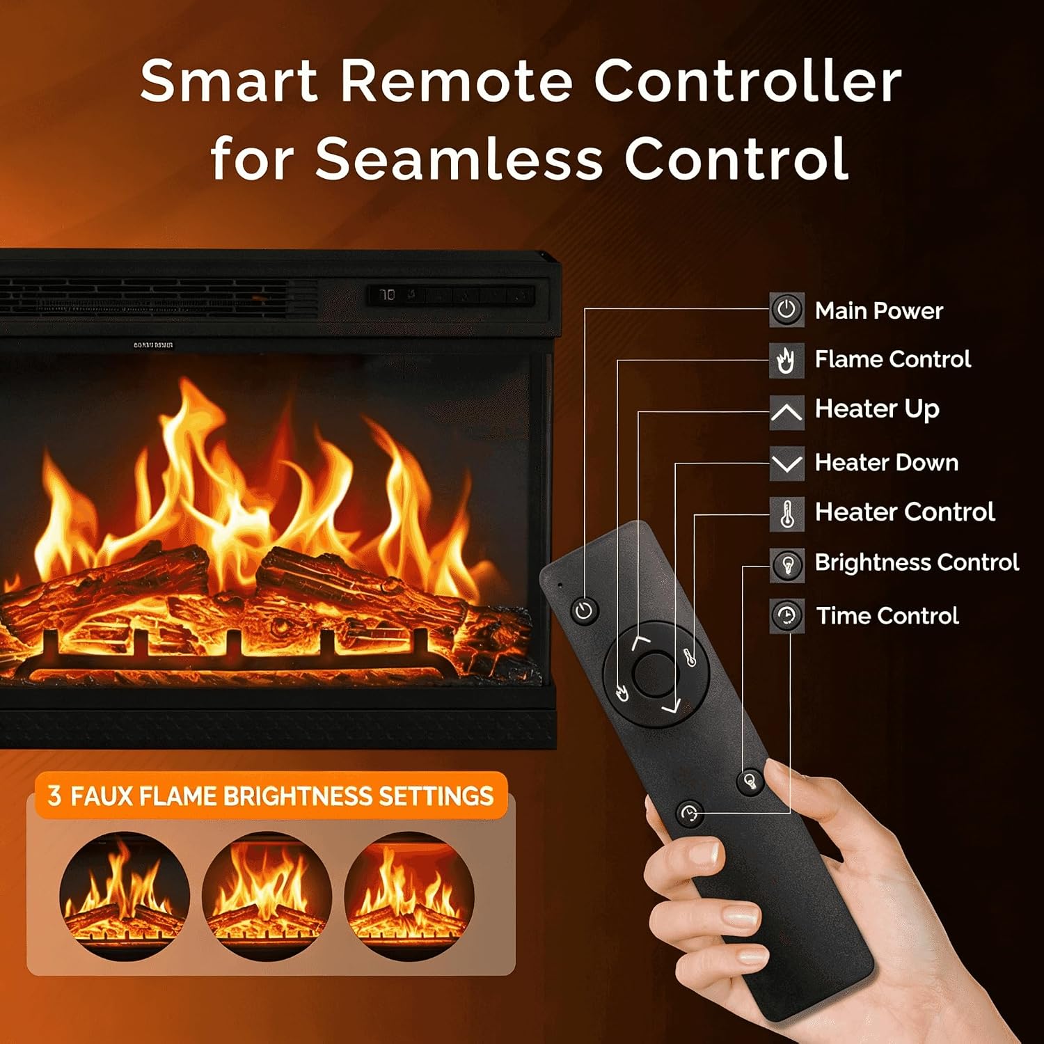 24" 3-Sided Electric Fireplace Insert, Wall-Mounted/Freestanding, 12 Flame Colors, 5 Brightness Levels, 8H Timer