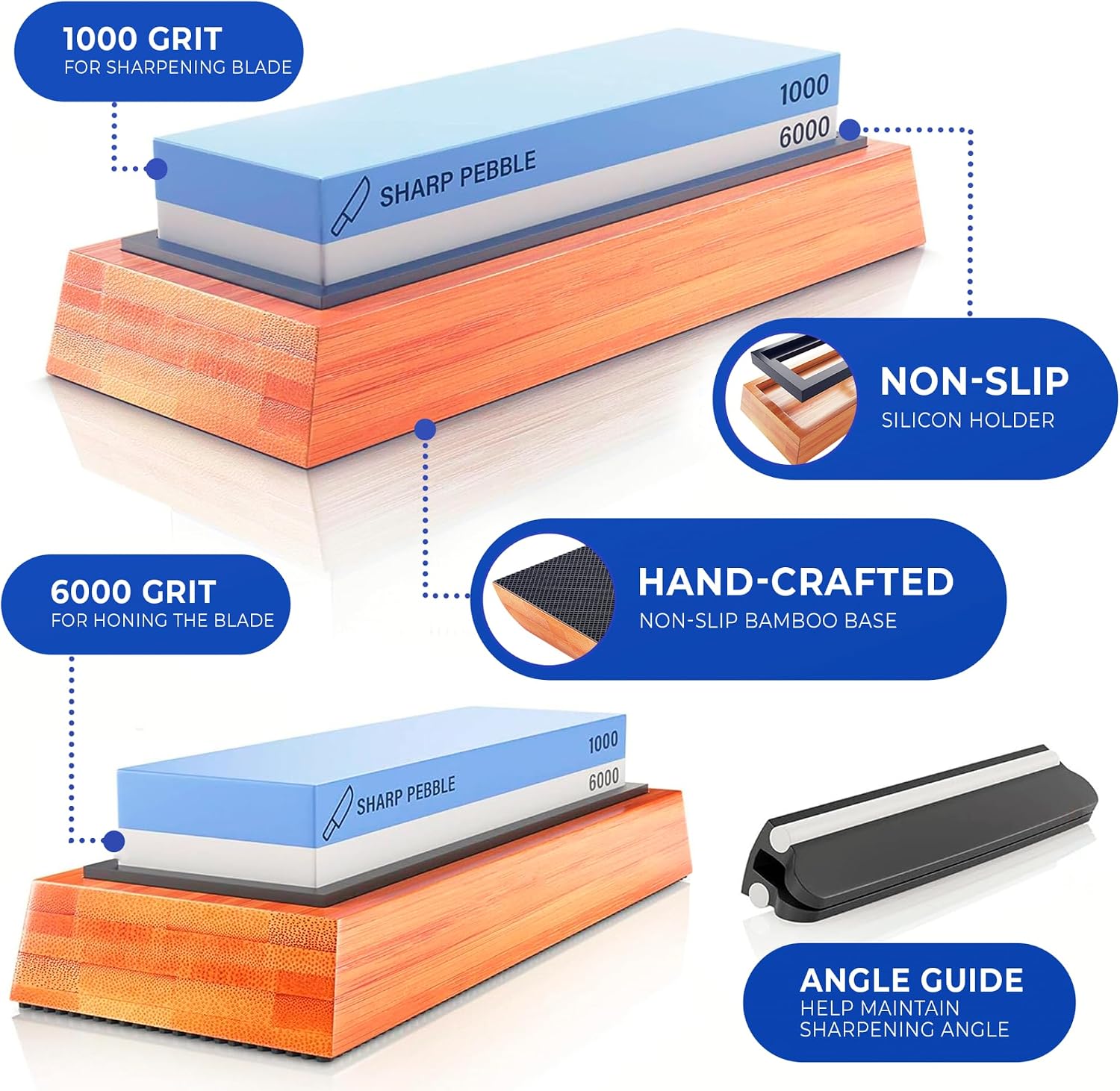 Whetstone Knife Sharpener – 1000/6000 Grit Sharpening Stone | Angle Guide for Foolproof Results – Wet Stone Sharpener