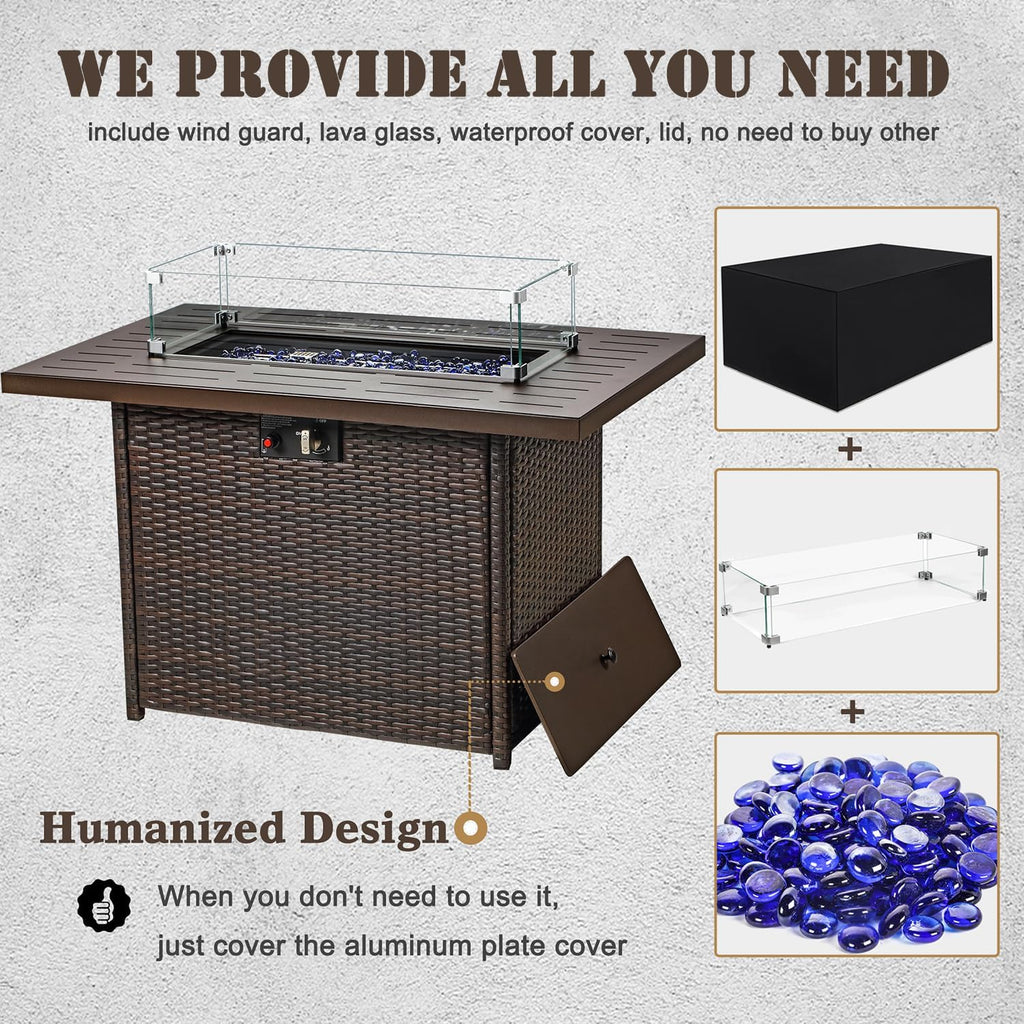 Propane Fire Pit Table,44 Inch 55000 BTU Outdoor Gas Fire Pit Rectangular with Glass Wind Guard for Outside Patio