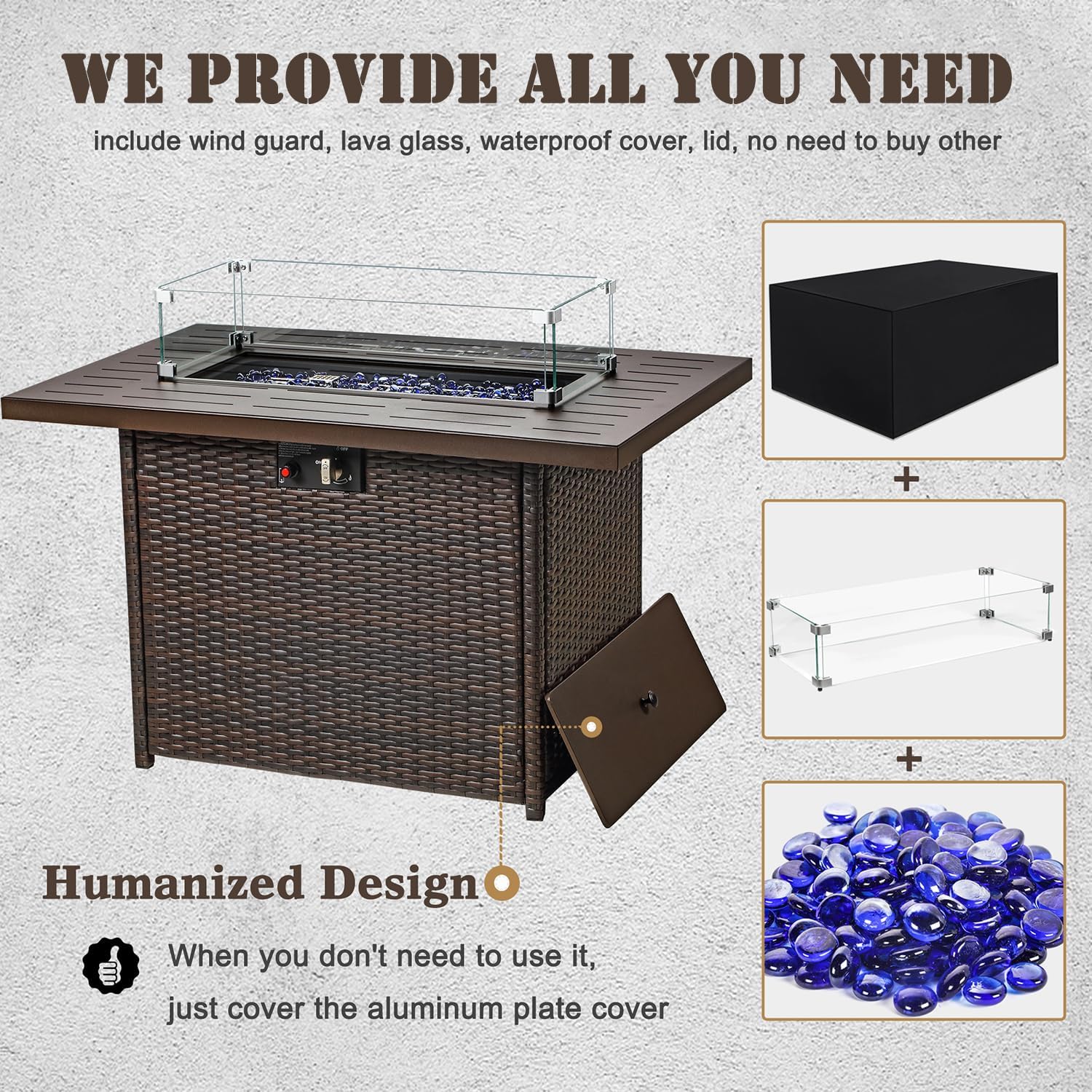 Propane Fire Pit Table,44 Inch 55000 BTU Outdoor Gas Fire Pit Rectangular with Glass Wind Guard for Outside Patio