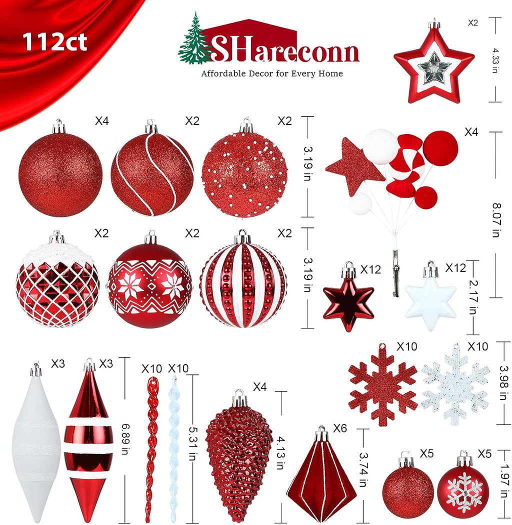112ct Christmas Tree Balls Ornaments, Classic Pearl Gift Box, Shatterproof Plastic Decorative Baubles for Xmas Tree
