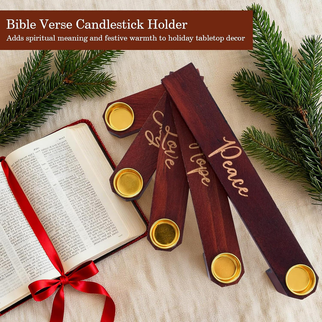 Christmas Advent Nativity Candle Holder, Walnut Christmas Advent Candlestick Holder with Religious Phrases, Wooden