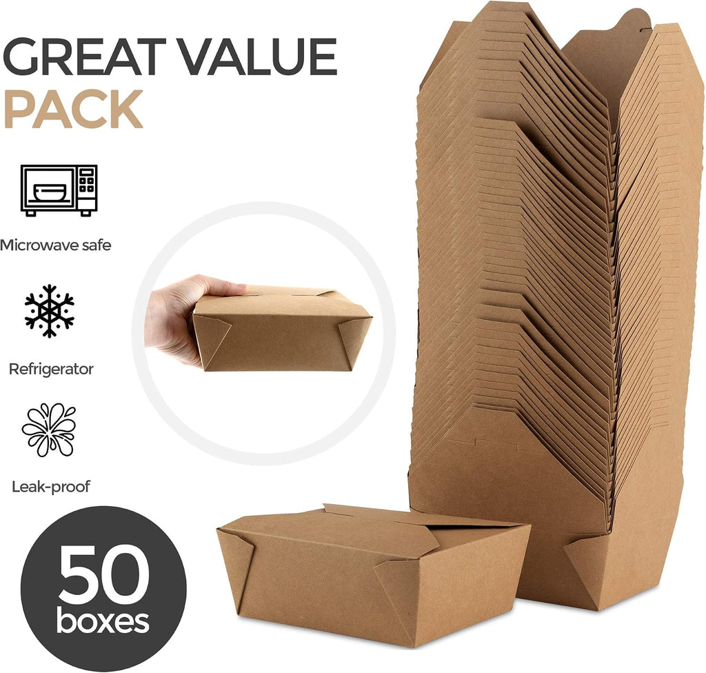 Take Out Food Containers Microwaveable Kraft Brown Take Out Boxes 45 oz (50 Pack) Leak and Grease Resistant Food