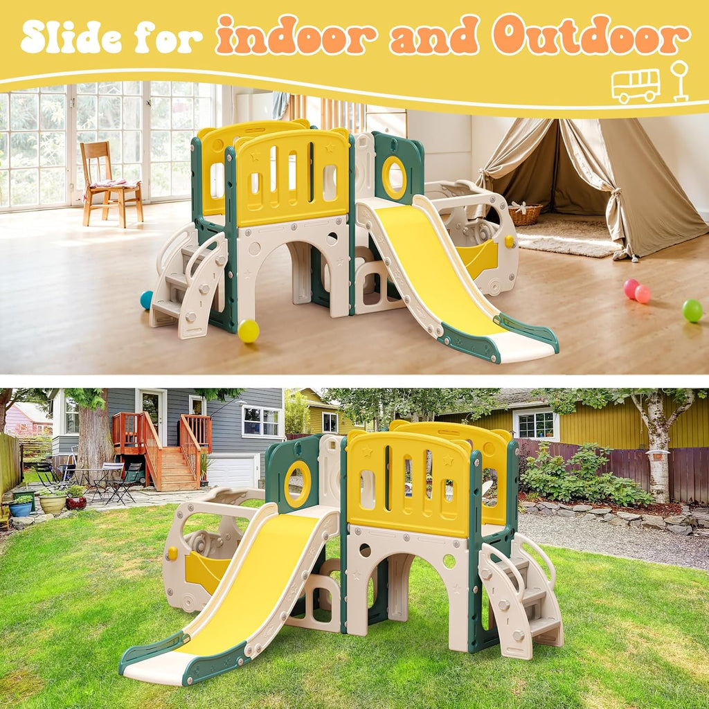 Toddler Slide Kids Slide Playset for Babies Bus Themed Toddler Playground with Climber Baskteball Hoop Indoor