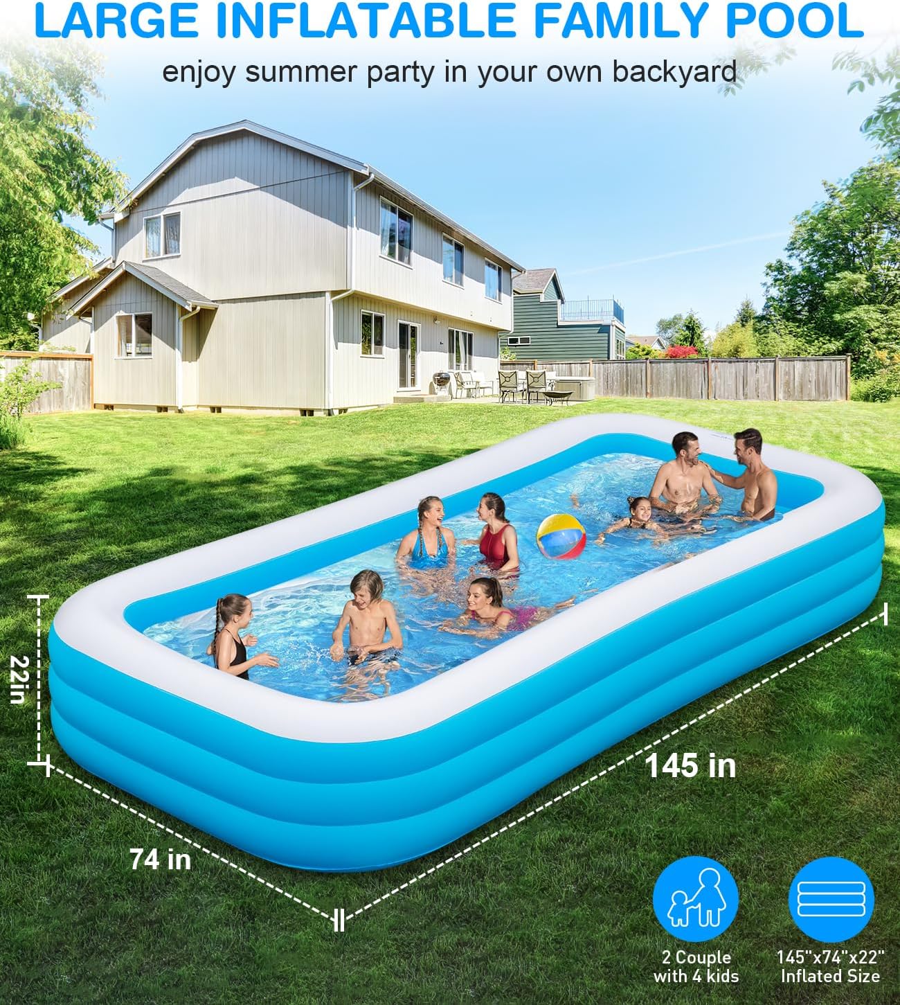 Large Inflatable Swimming Pool - GISAEV 145" x 74" x 22" Oversized Family Blow Up Pool for Adults & Kids, Sturdy