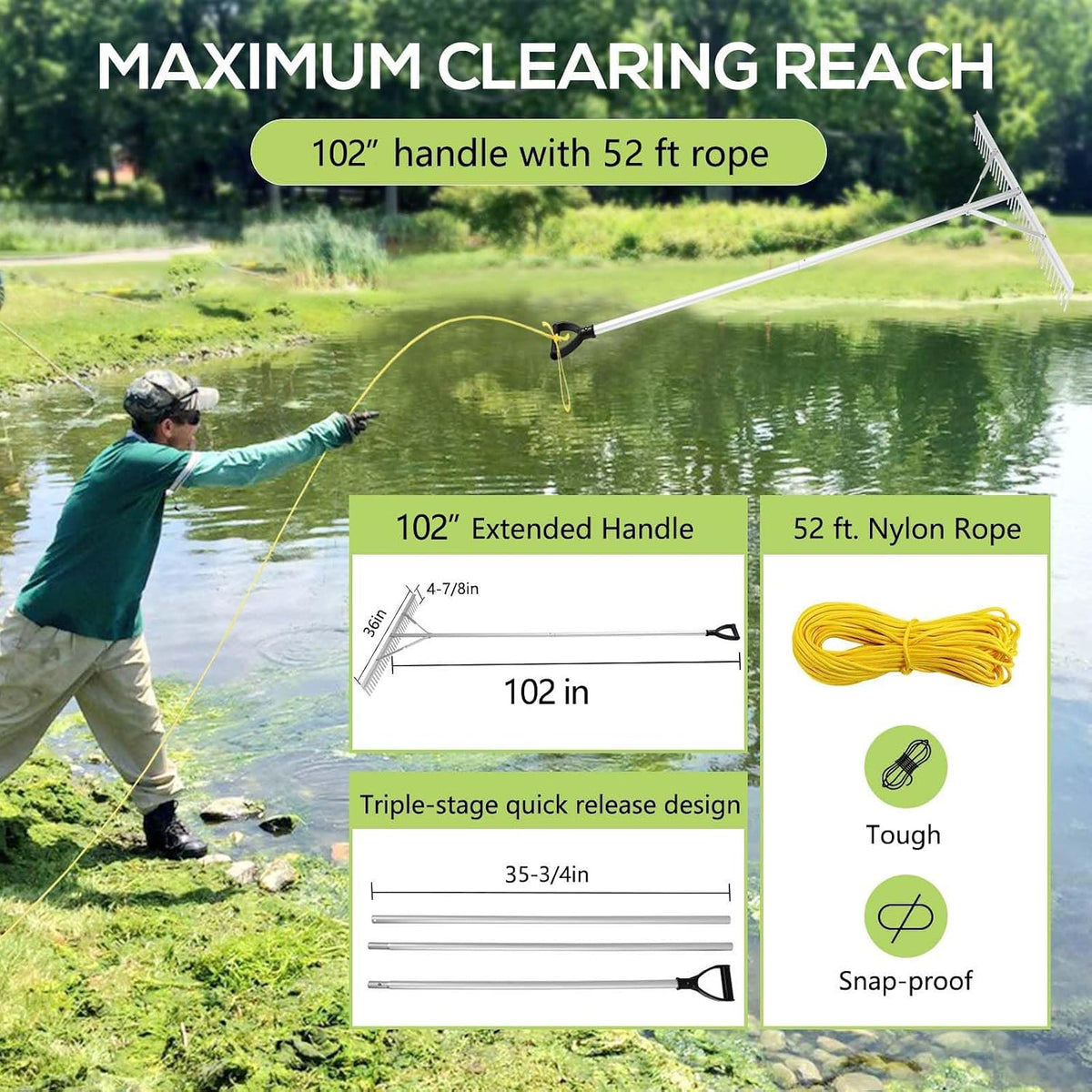 Floating Lake Rake, 36" Aluminum All Purpose Lake and Landscape Rake with 102'' Extension Handle and 52Ft Rope, Weed