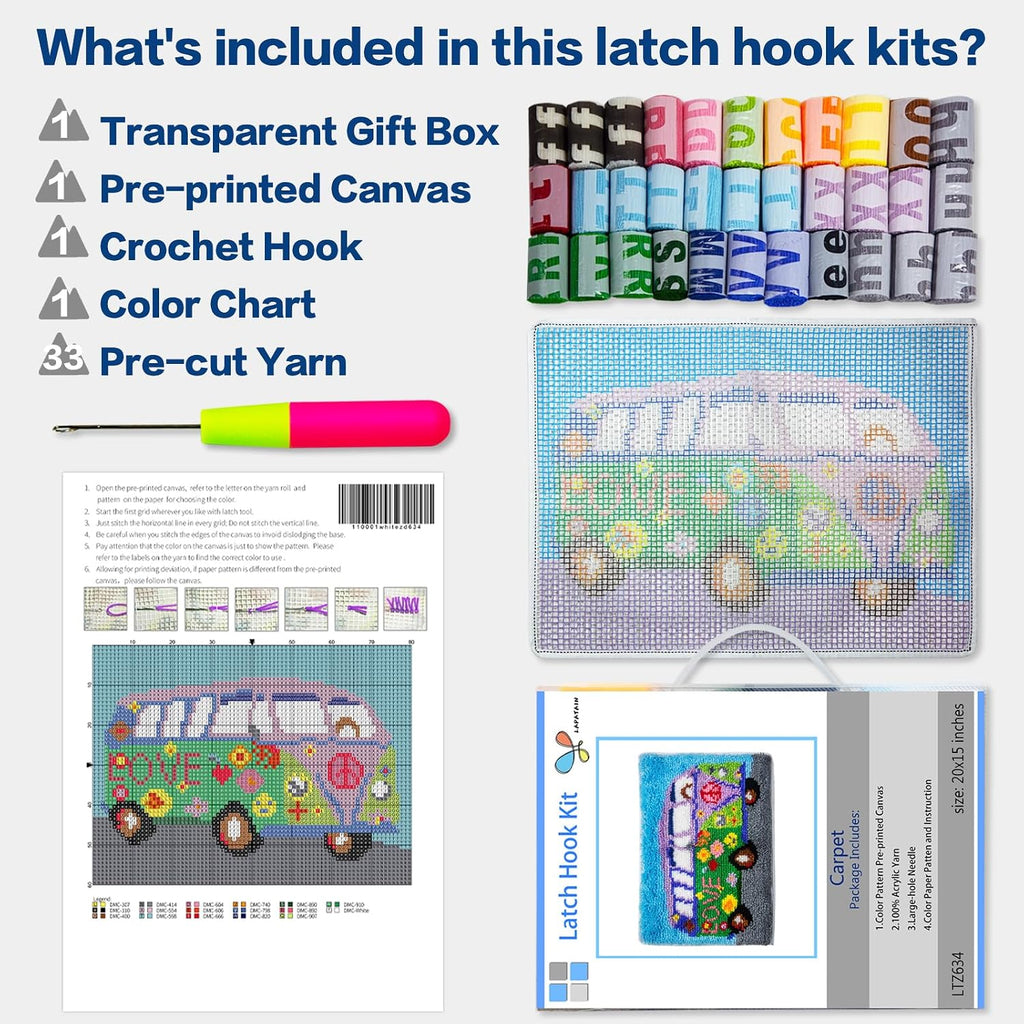Latch Hook Kits DIY Crochet Yarn Kits,Cross Carpet Embroidery Hook Rug Kit Needlework Sets Cushion for Adults Home