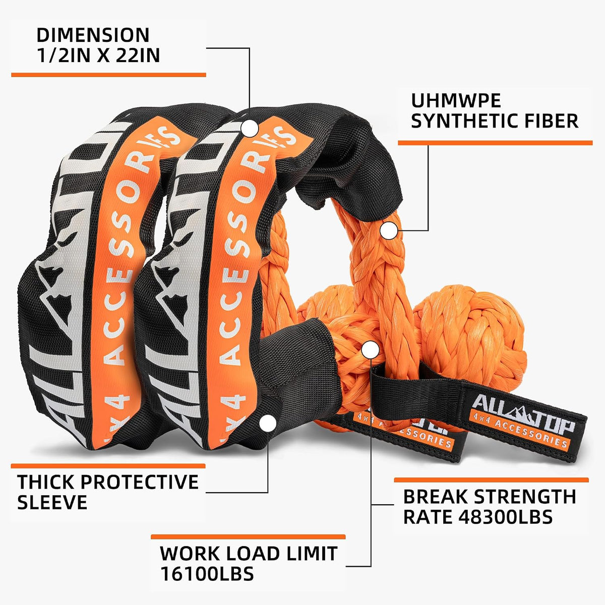 Kinetic Recovery Rope Kit w/ 2 Soft Shackles, 48000Lbs, 1in x 30ft, Heavy Duty 30+% Elasticity, 16000Lbs Work Load Limit