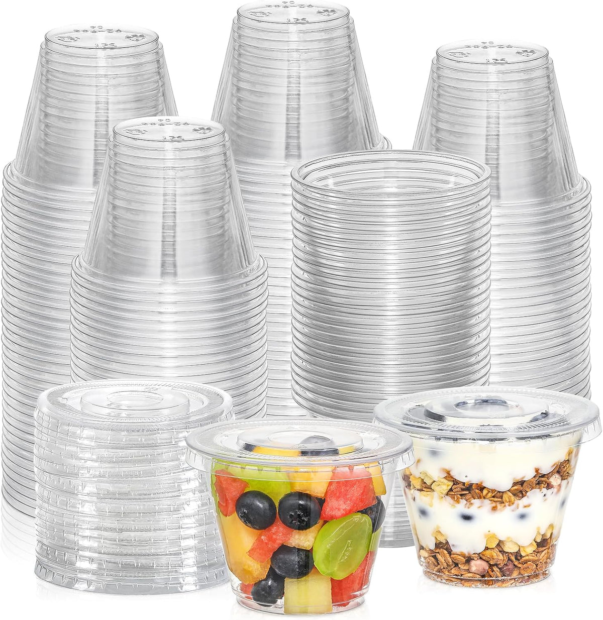[50 Sets, 9 oz Clear Plastic Cups With Flat Lids No Hole, Disposable Cups With Lids for Ice Cream, Pudding, Cake