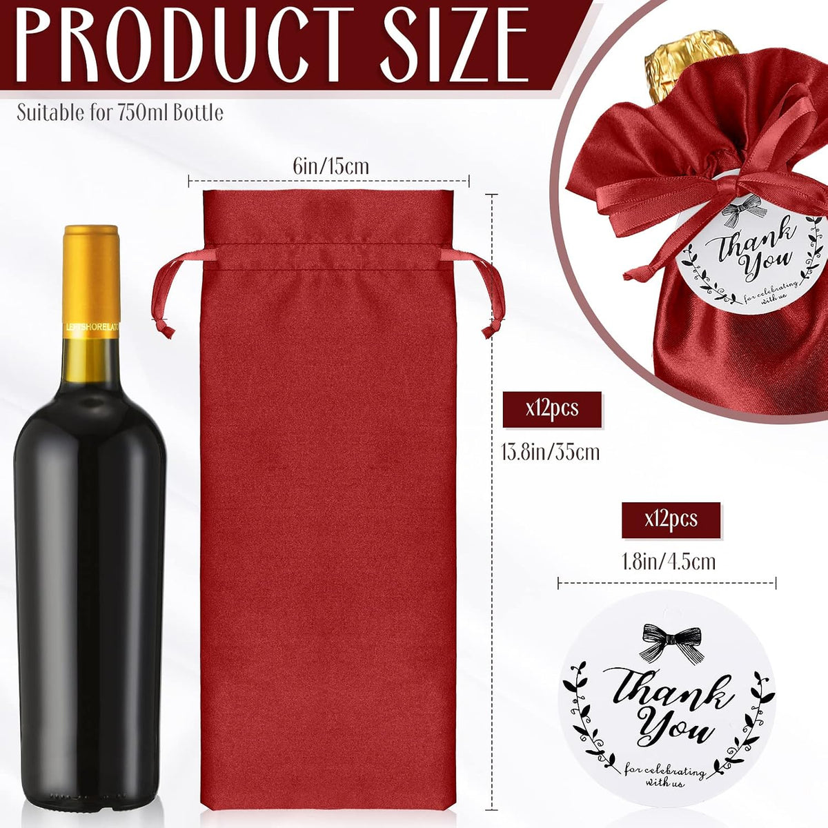 12 Pcs Red Satin Wine Gift Bags, Gift Giving