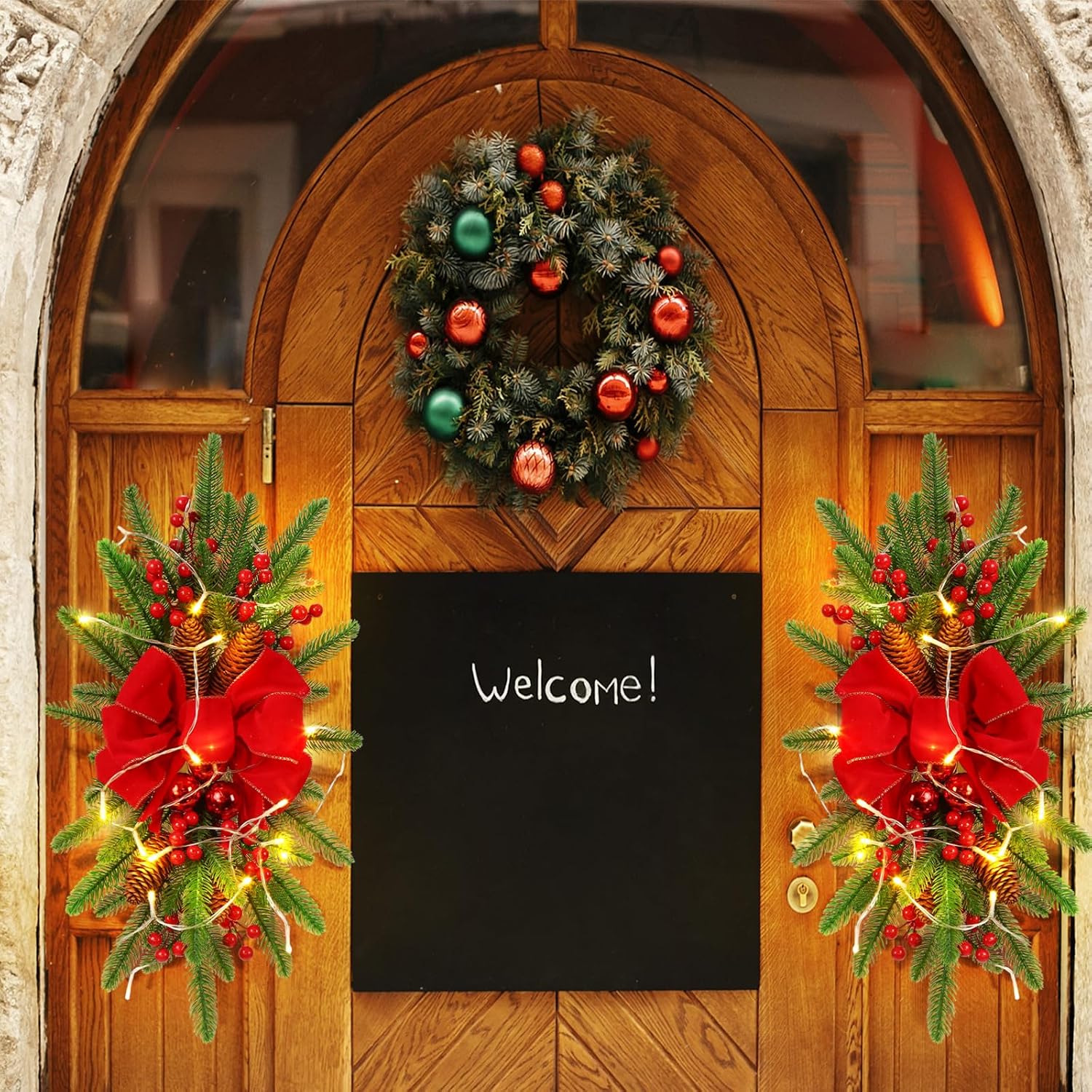 3 Pack Artificial Christmas Teardrop Swags 24" Xmas Cordless Prelit Stairway Swag Christmas Garland Stairs Rails
